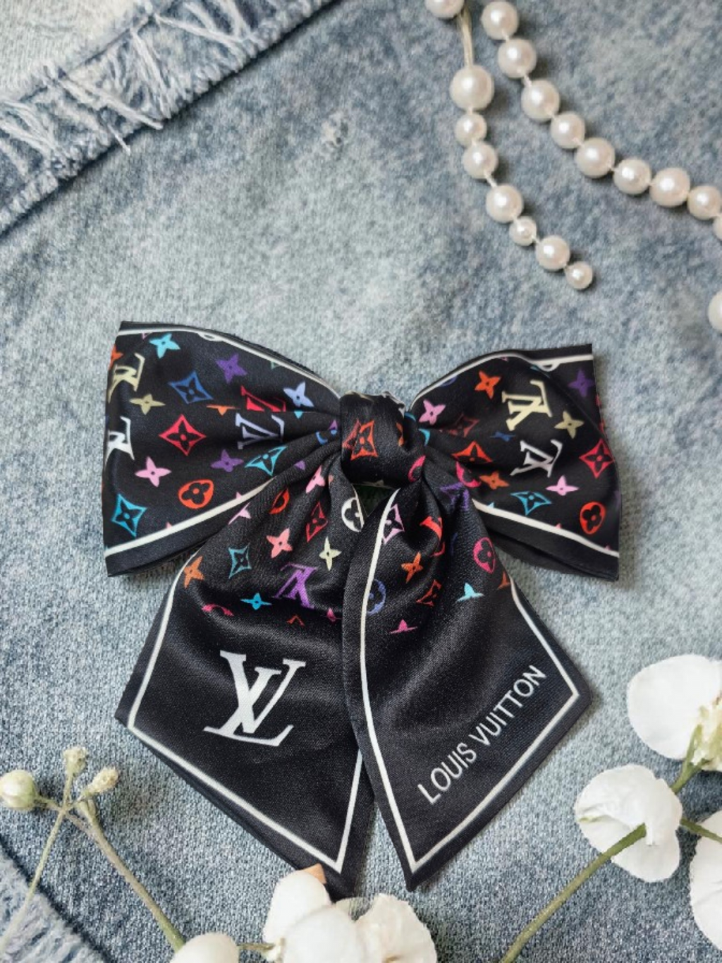 Louis x Murakami Logo Black 100% Silk Hair Bow