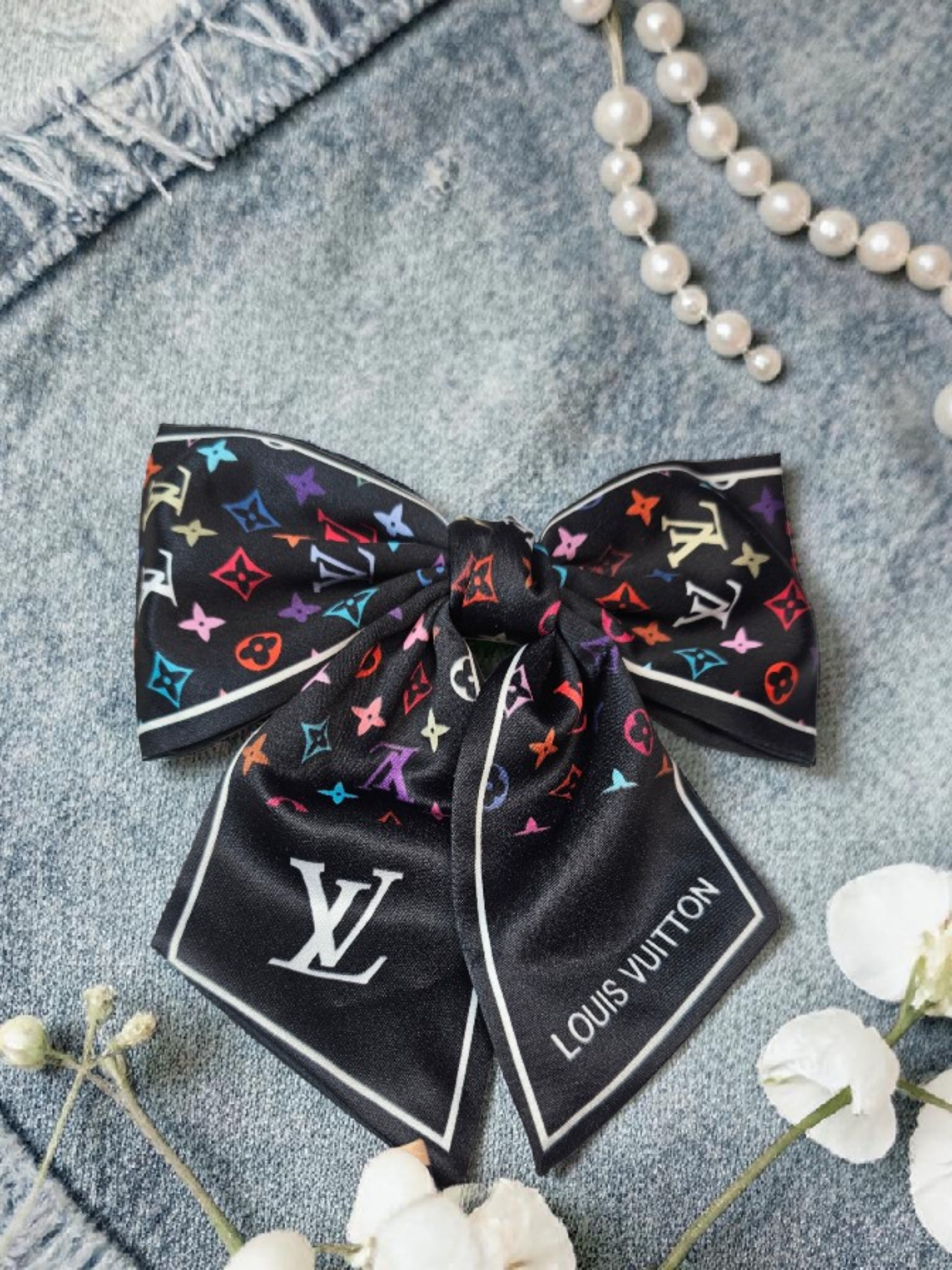 Louis x Murakami Logo Black 100% Silk Hair Bow