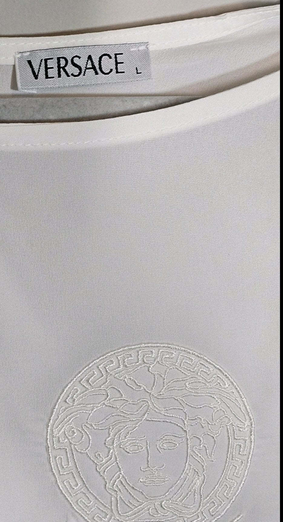 Medusa logo White Silk Blend Asymmetric Embroidered Blouse Size US Large