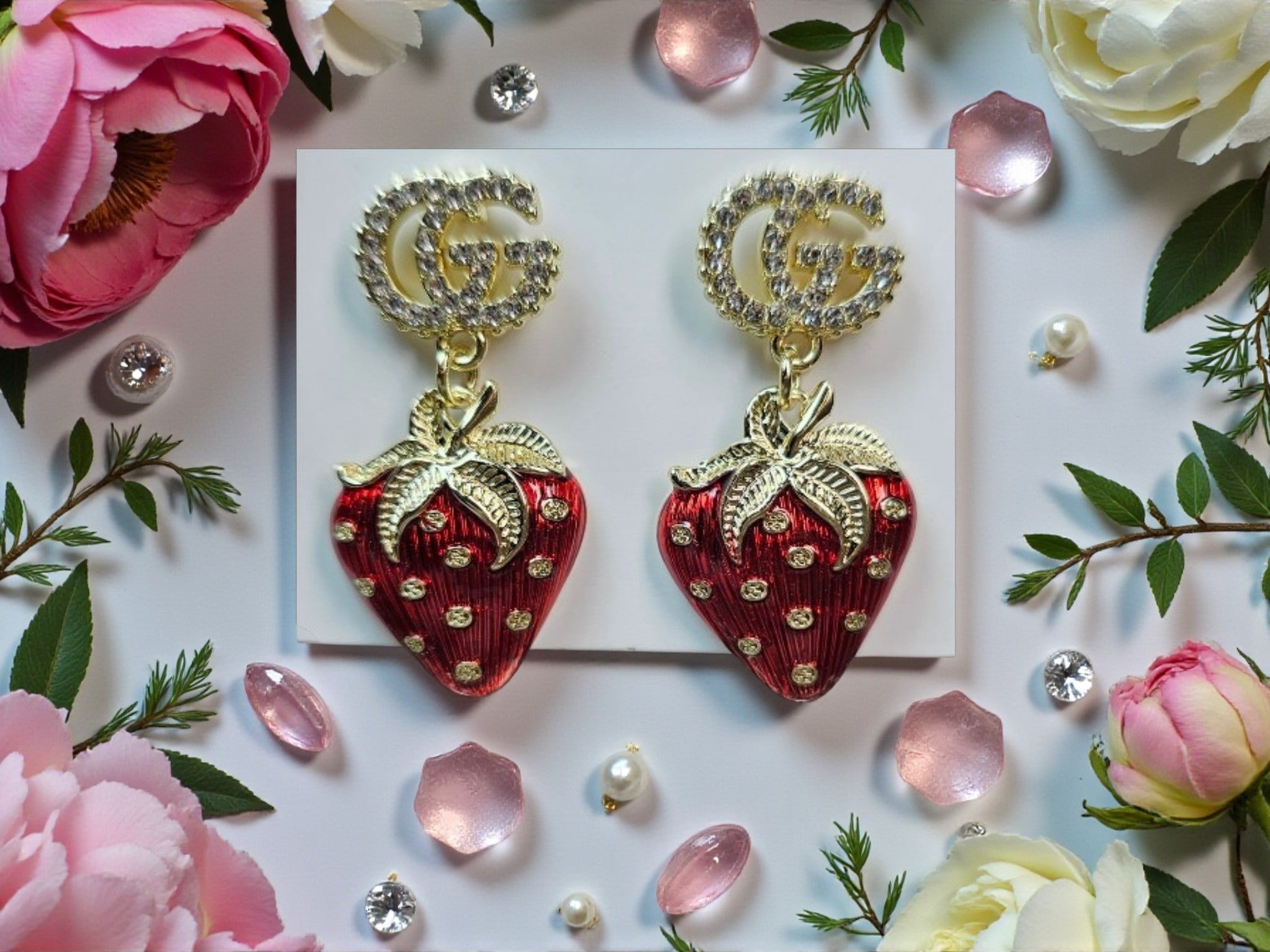 18K gold plated GG Logo Strawberry Dangle Pierced Earrings