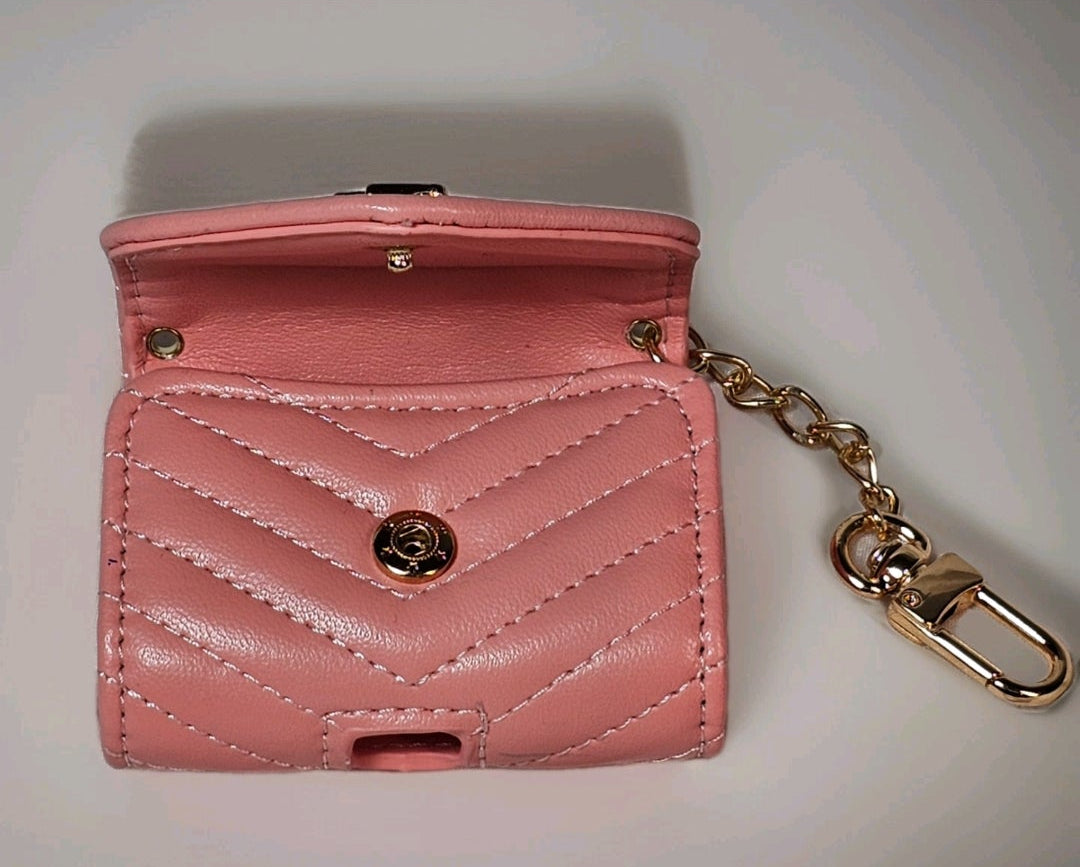 Pink Quilted Leather Yves St Laurent Logo Charm AirPods/Earbuds Case