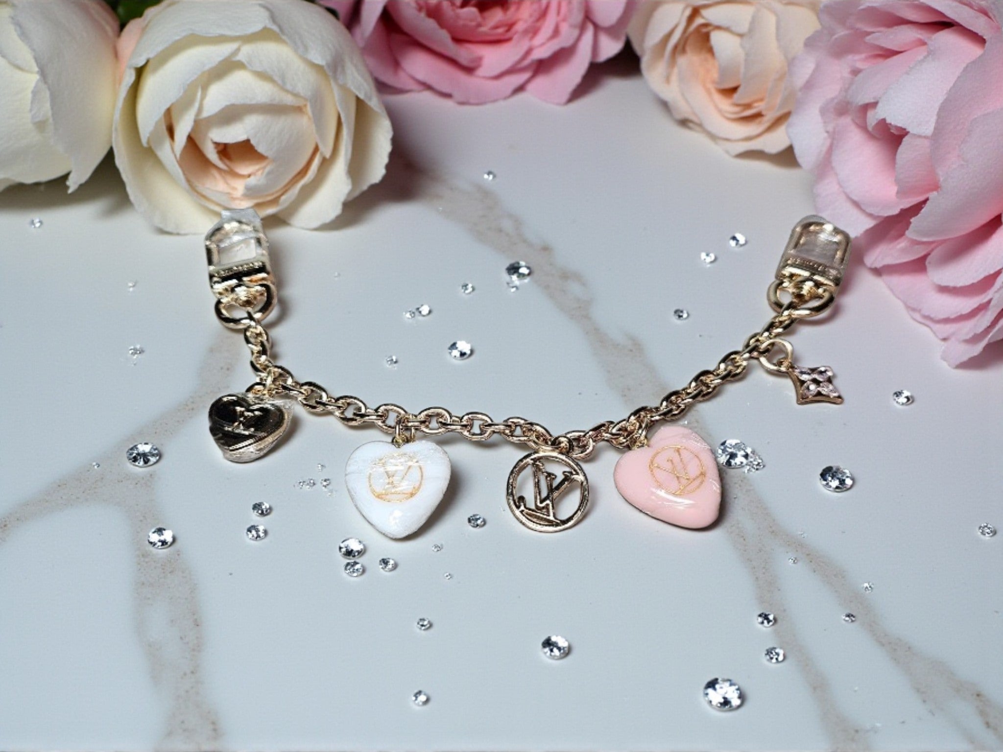 LV Logo Bag Chain Pink and Gold Hearts