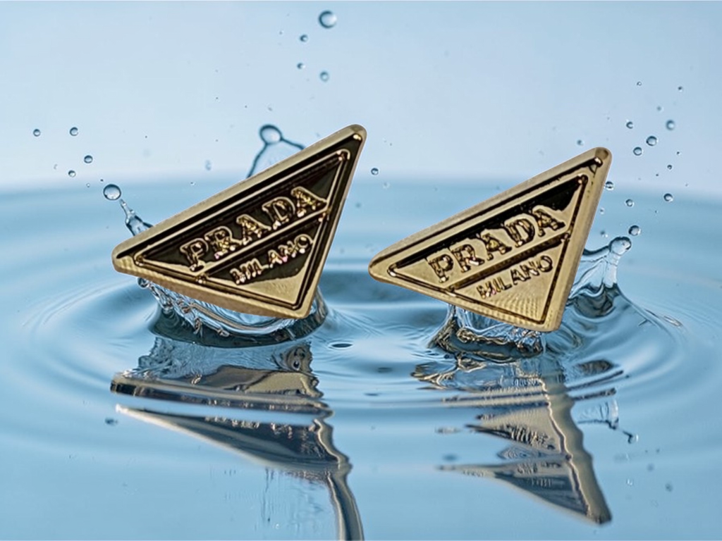 Gold Prada Triangle Charm Logo Stud Earrings