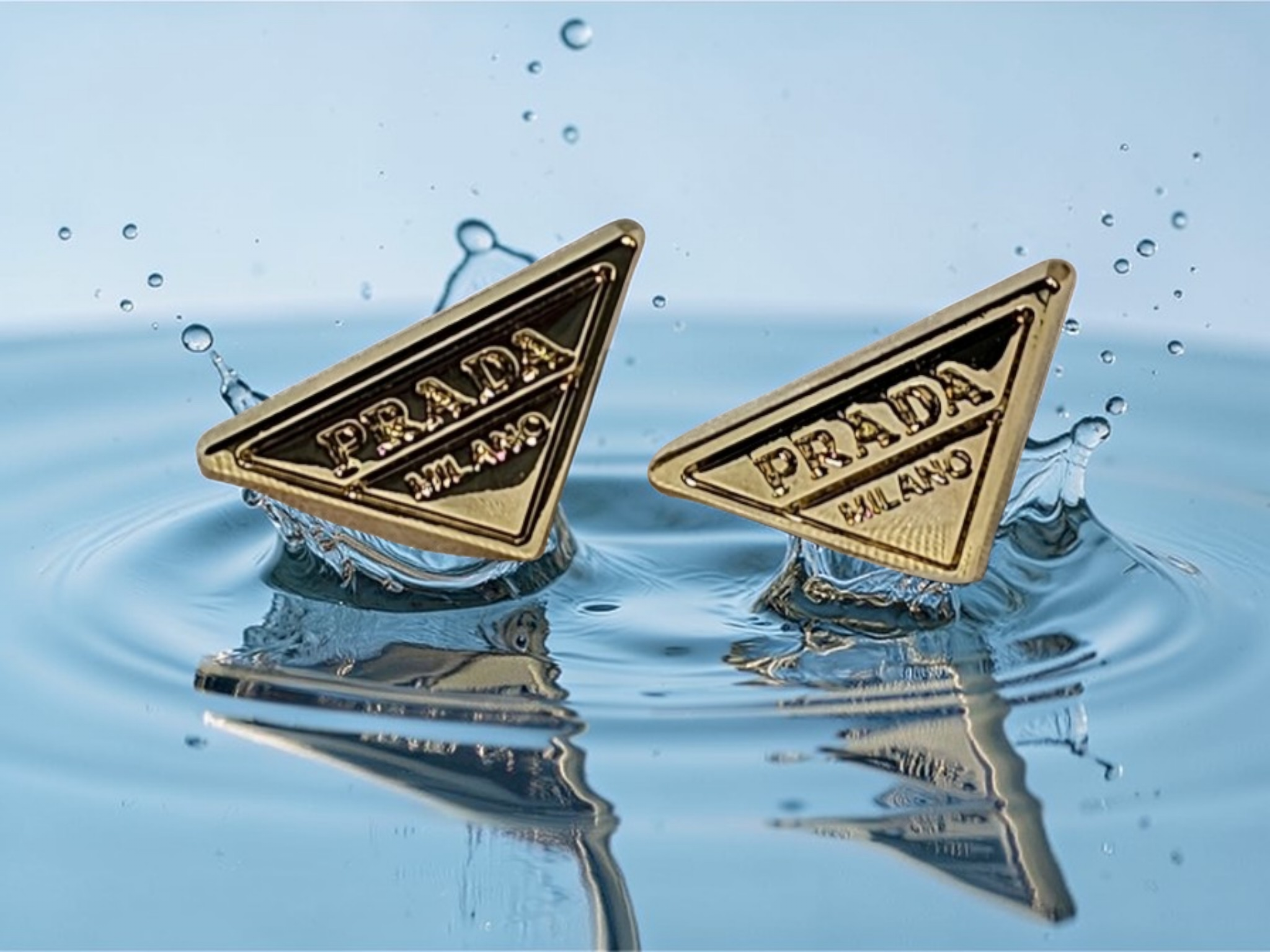 Gold Prada Triangle Charm Logo Stud Earrings