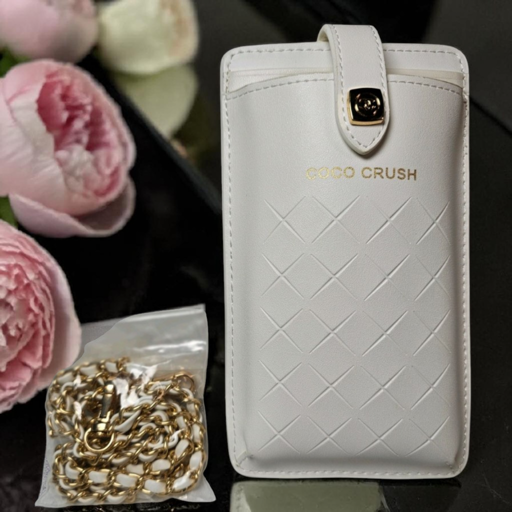 CHANEL COCO CRUSH White Quilted Leather Crossbody Phone case w/ Matching chain strap
