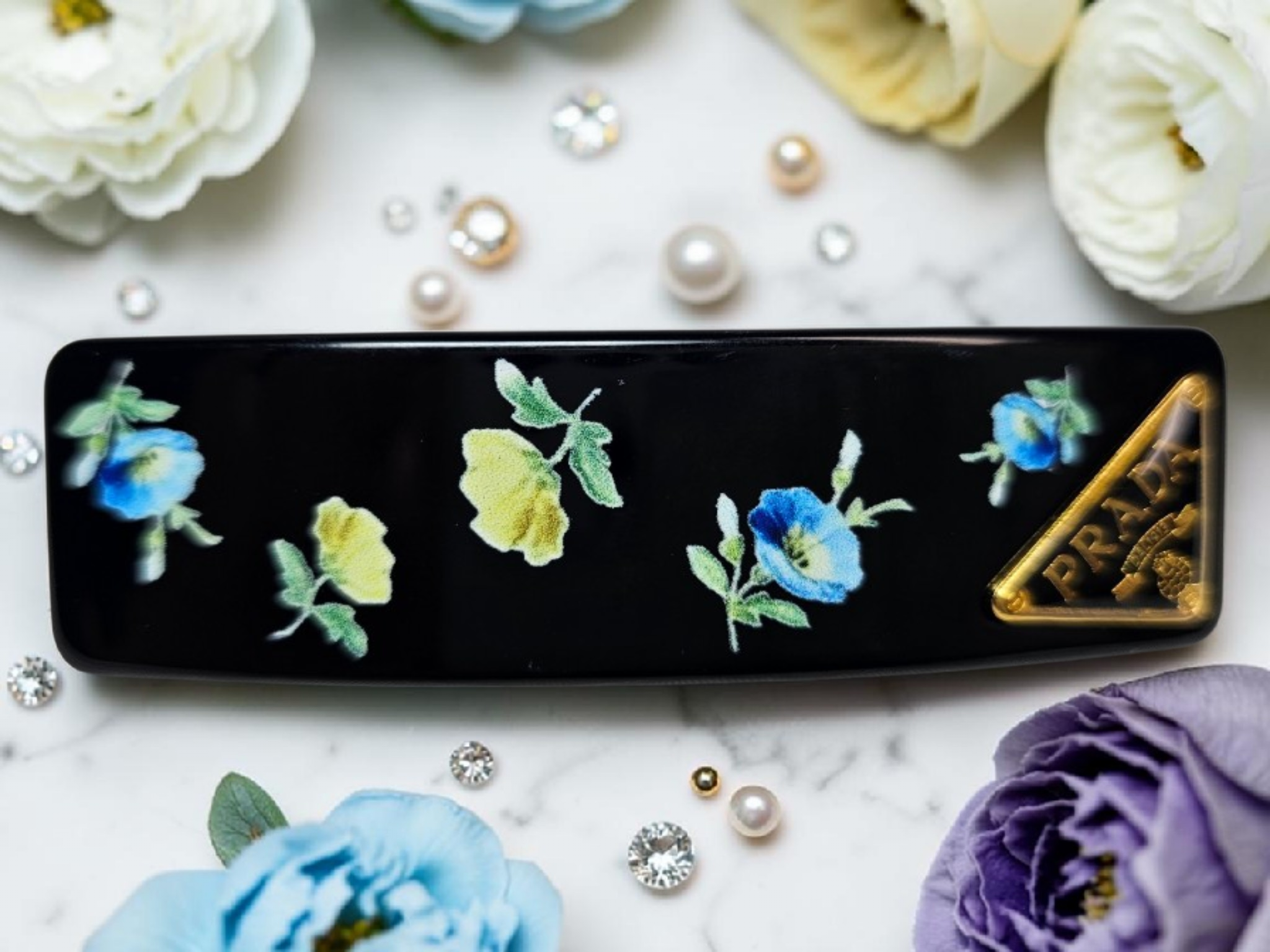 Black Floral and Gold Logo Charm Barrette/ Hair Clip Black Floral Spring