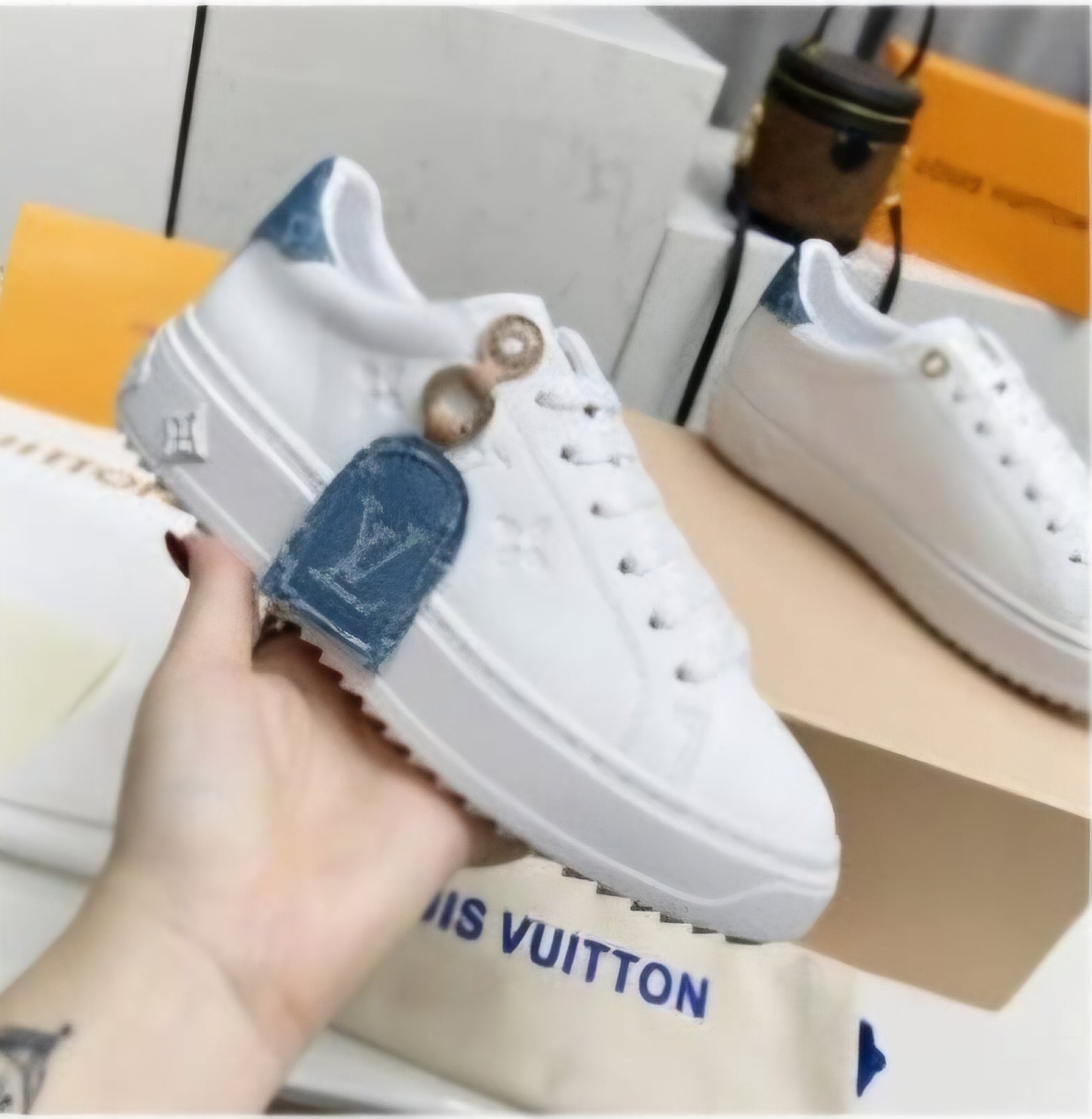 White and Denim L logo Women's sneakers with shoe charm US Size 9 EU Size 40
