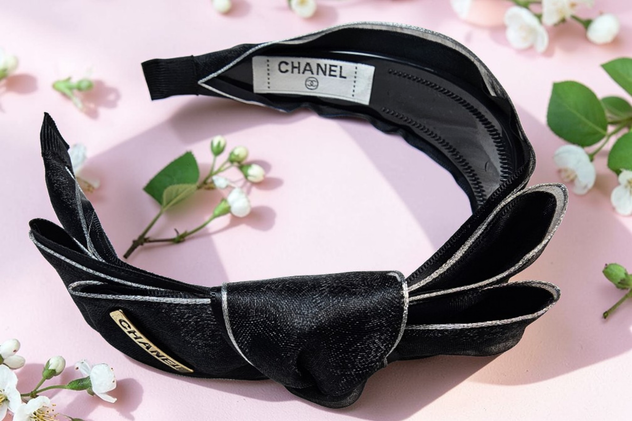 CC logo charm Black Satin Bow Headband