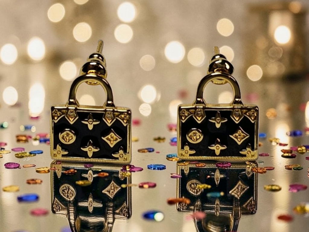 Louis Vuitton Gold and Black Logo Pierced Stud Earrings