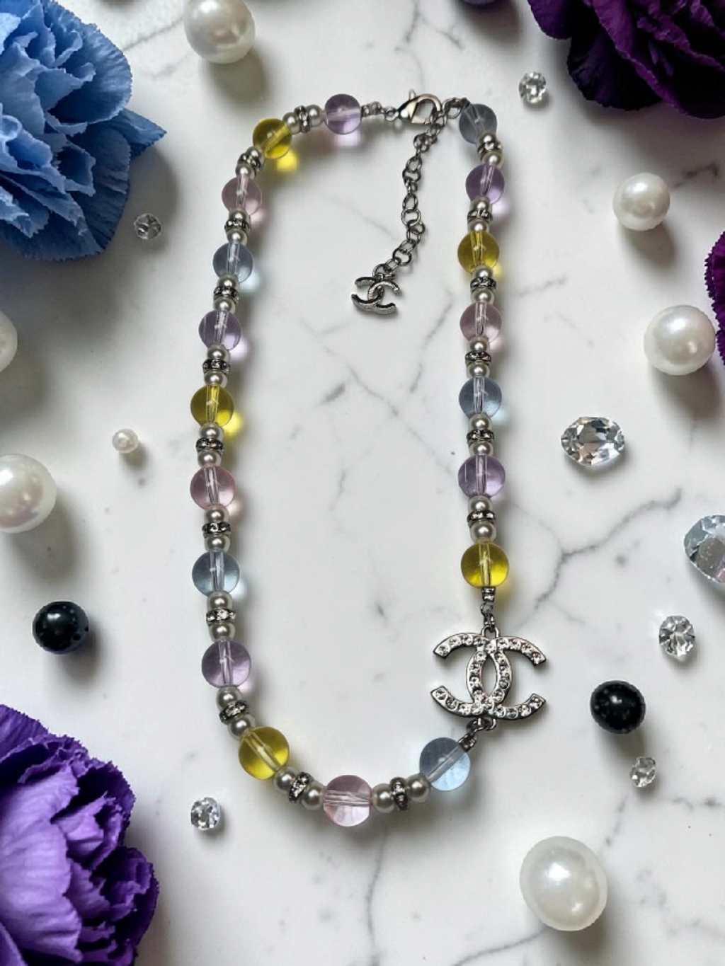 CC Logo Double Charm Multicolor Glass Bead Necklace