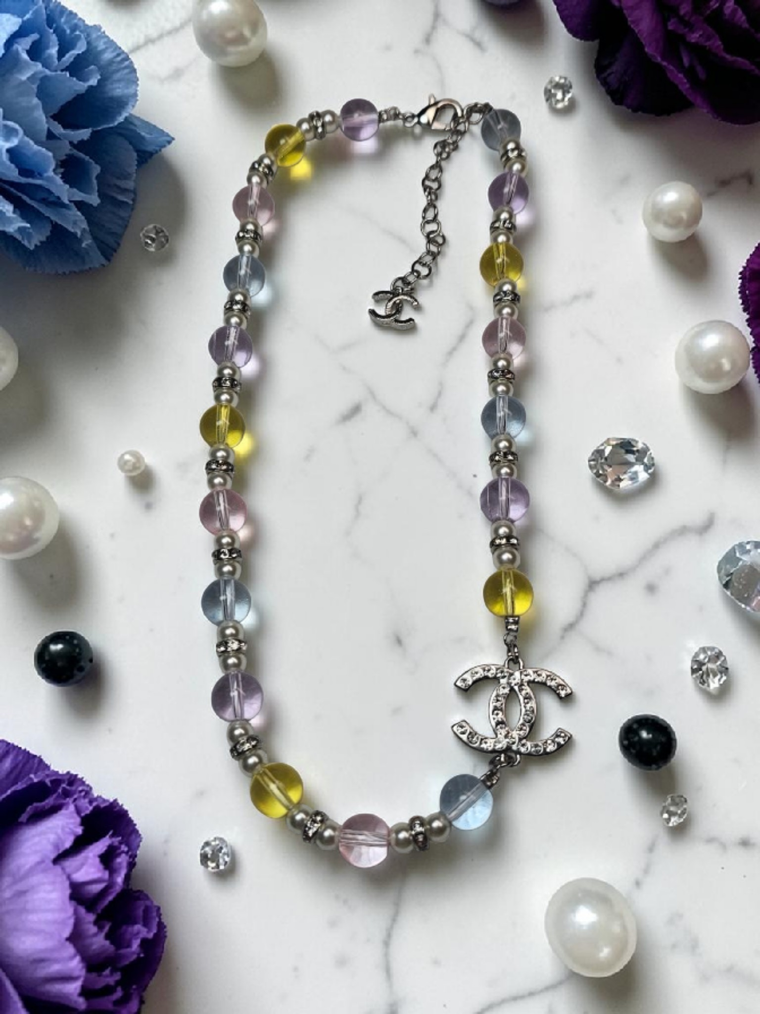 CC Logo Double Charm Multicolor Glass Bead Necklace