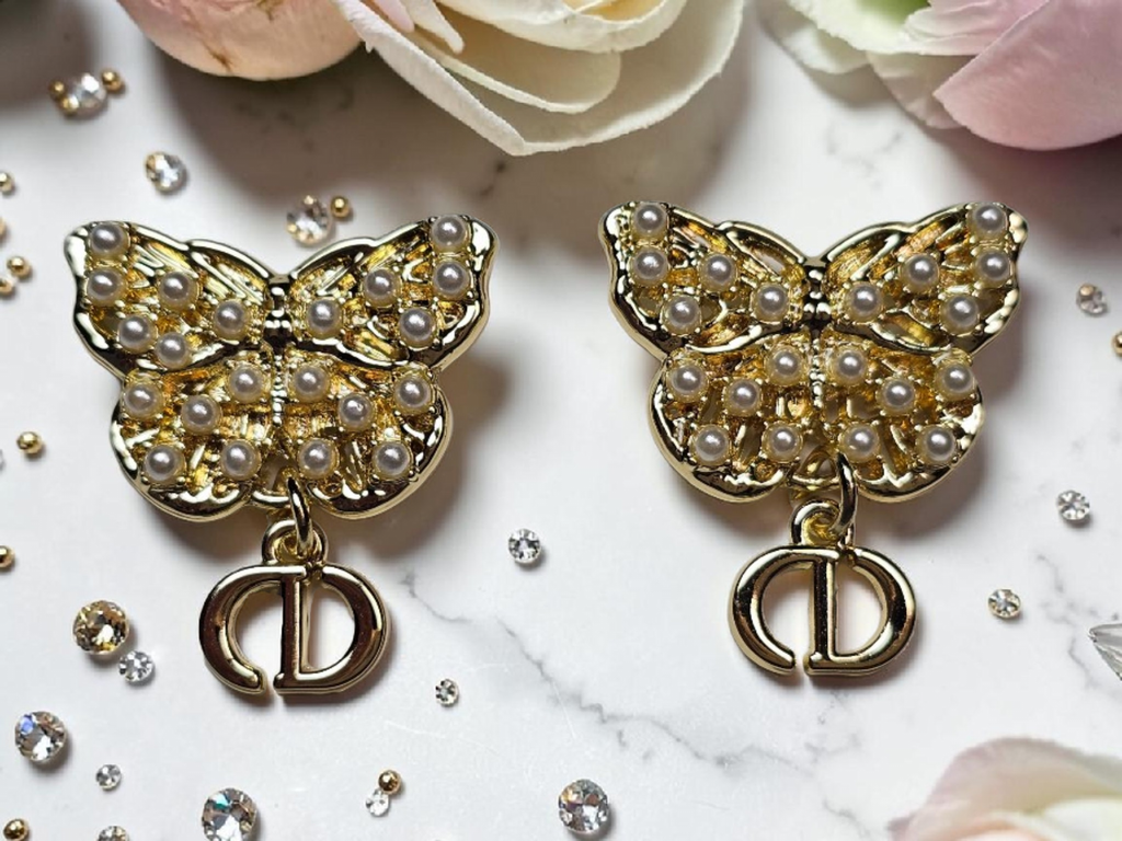 Gold Butterfly logo Charm dangle earrings