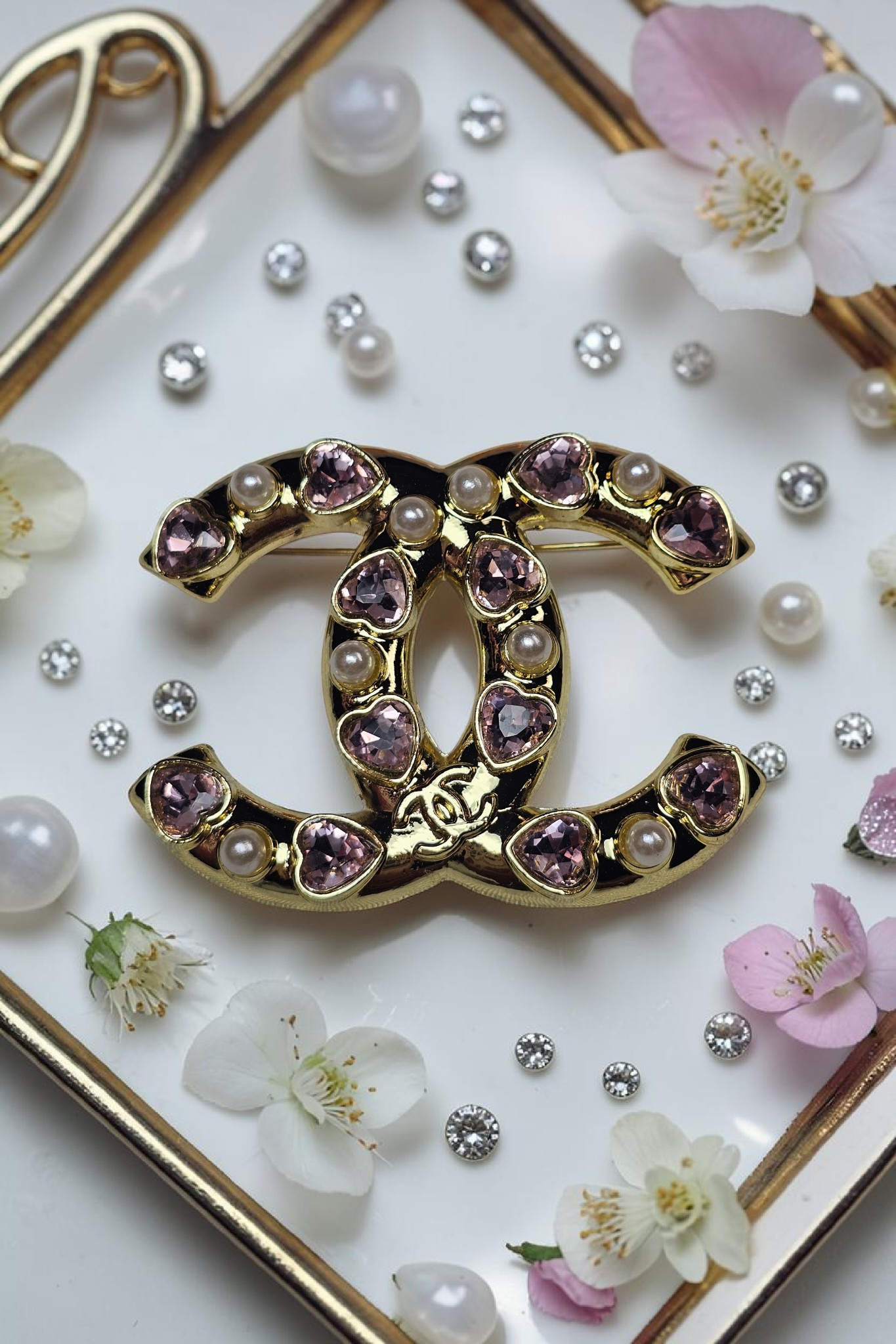 Gold & Pink Heart Charm Rhinestone Brooch