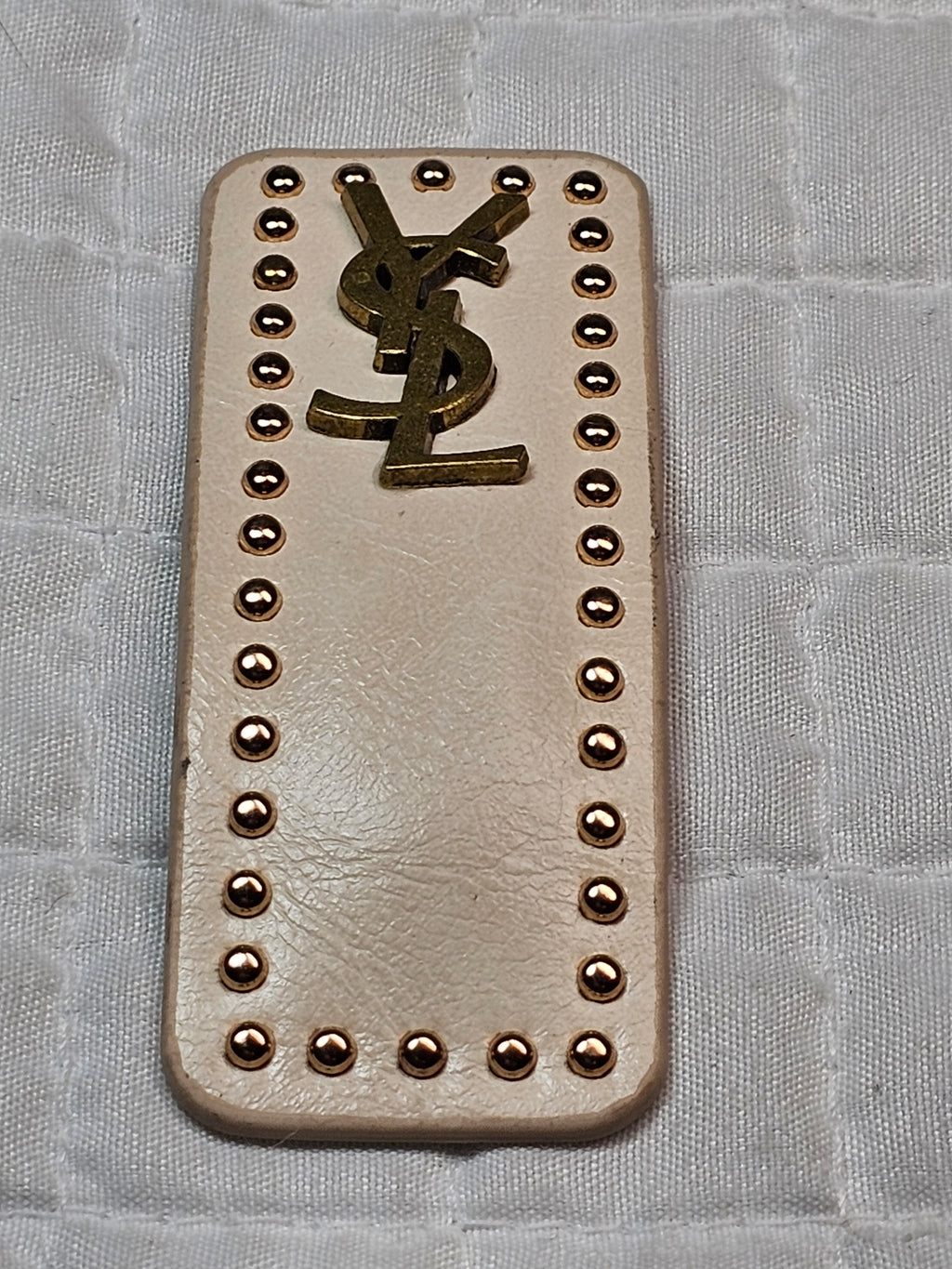 YSL Logo Charm Barrette — Beige & Antique Gold