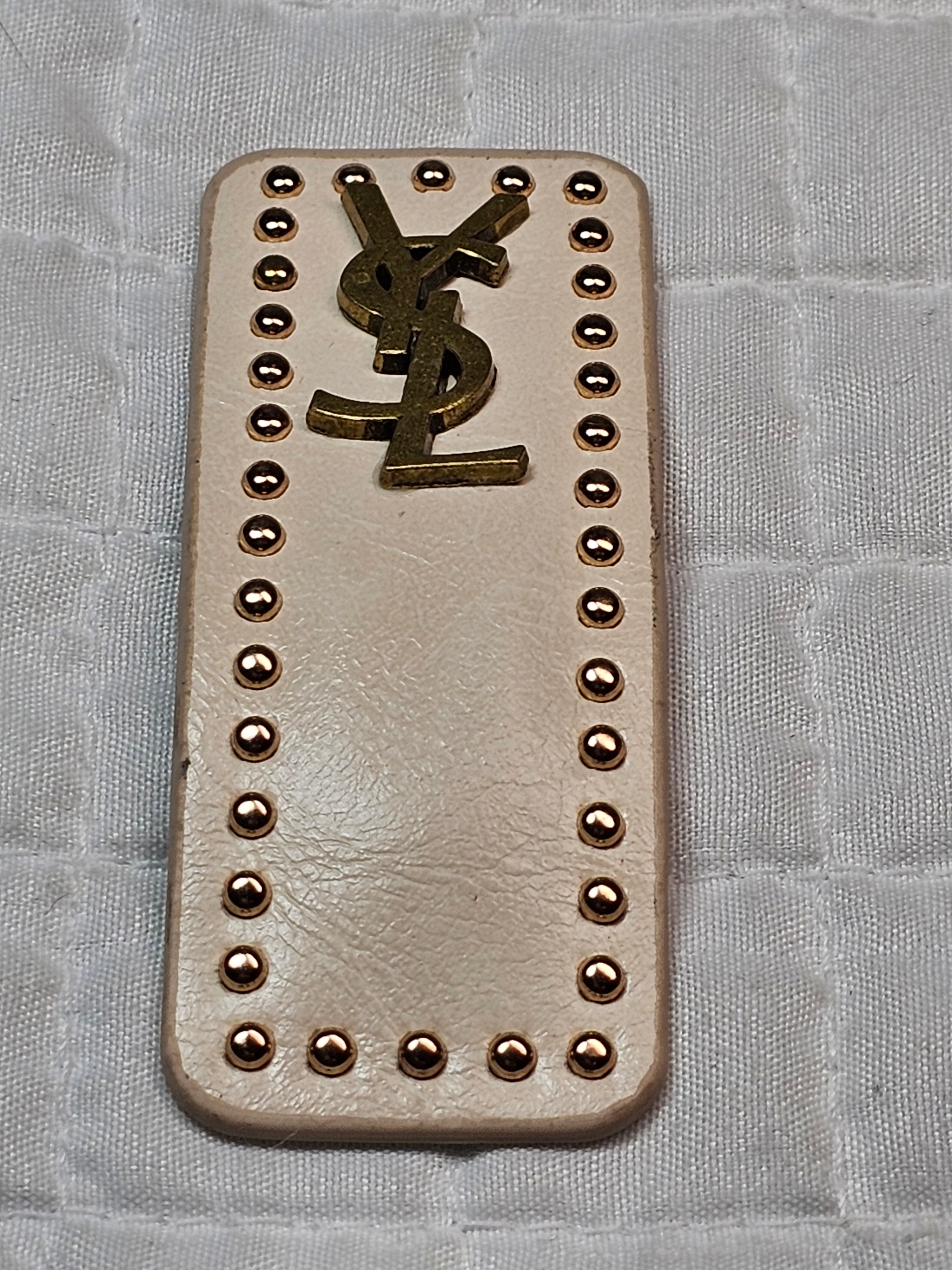 YSL Logo Charm Barrette — Beige & Antique Gold