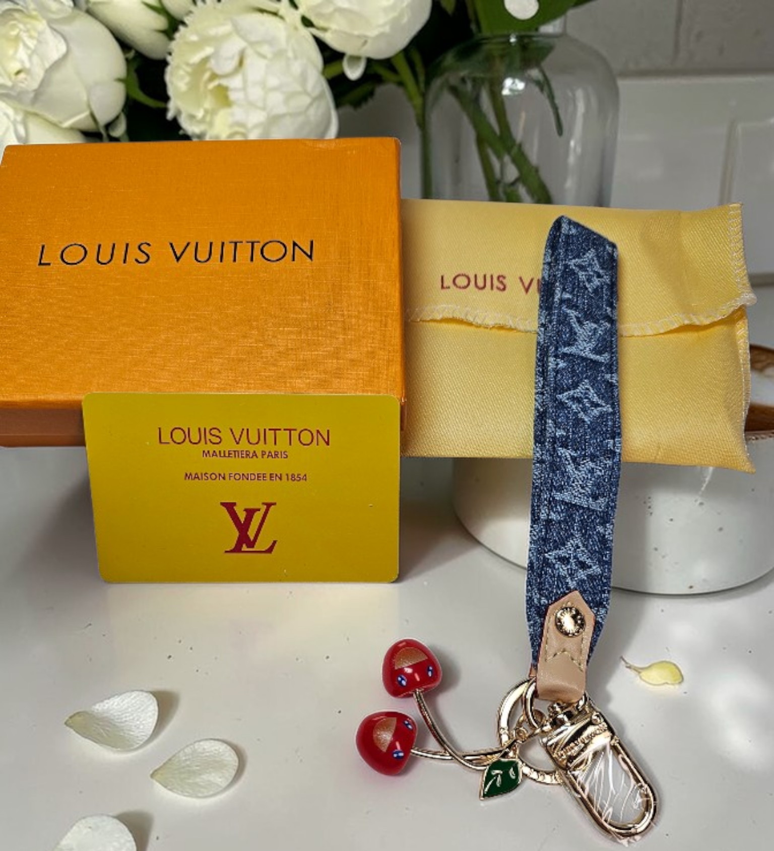 Denim and Cherries Louis Vuitton logo keyring/ Bag charm NIB