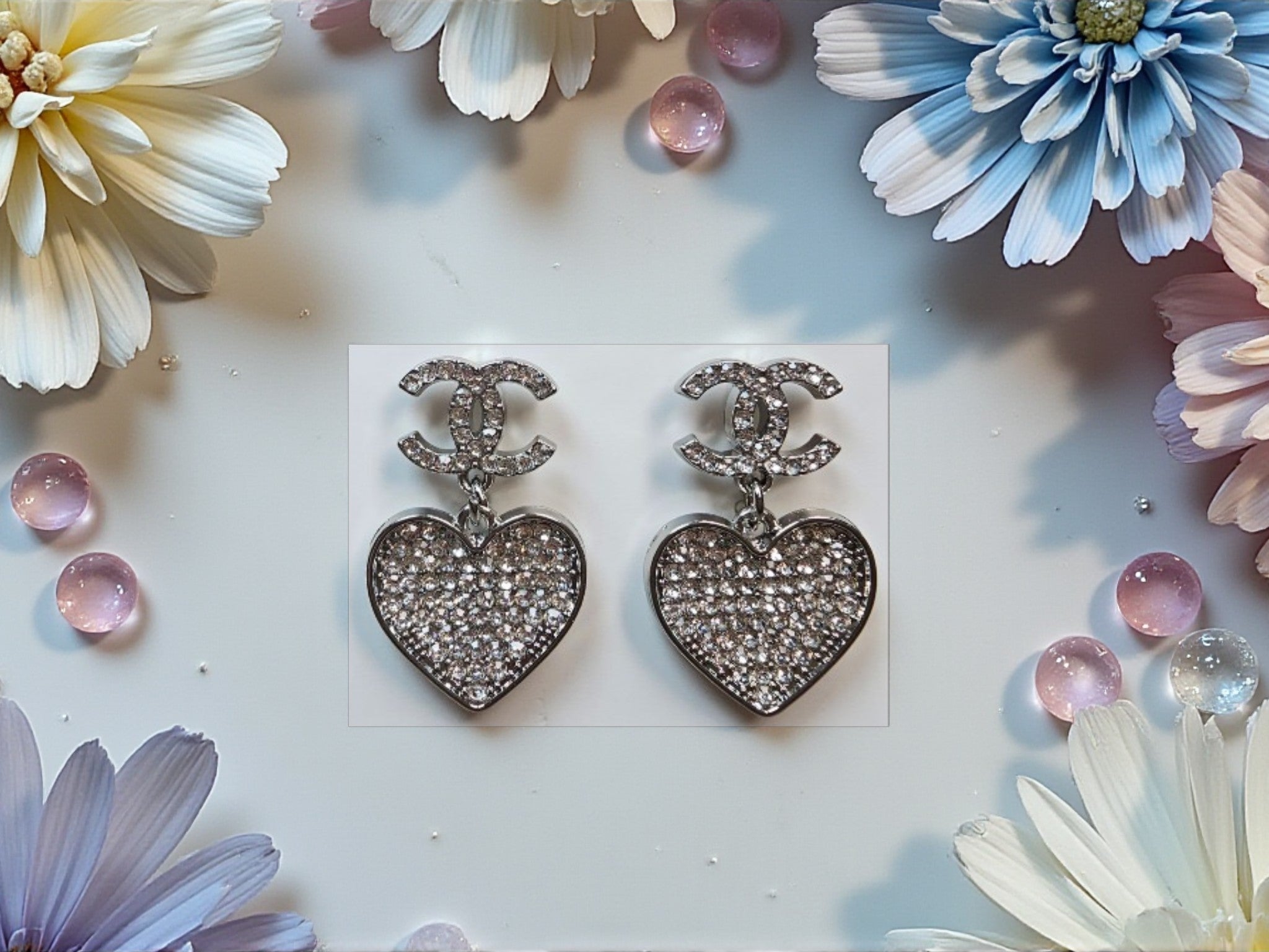 18K White Gold plated CC Logo Drop Hearts