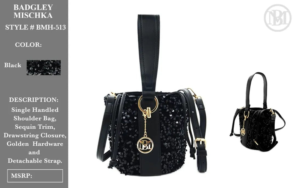 Badgley Mischka Black Sequin Vegan Leather Bucket Bag NWT