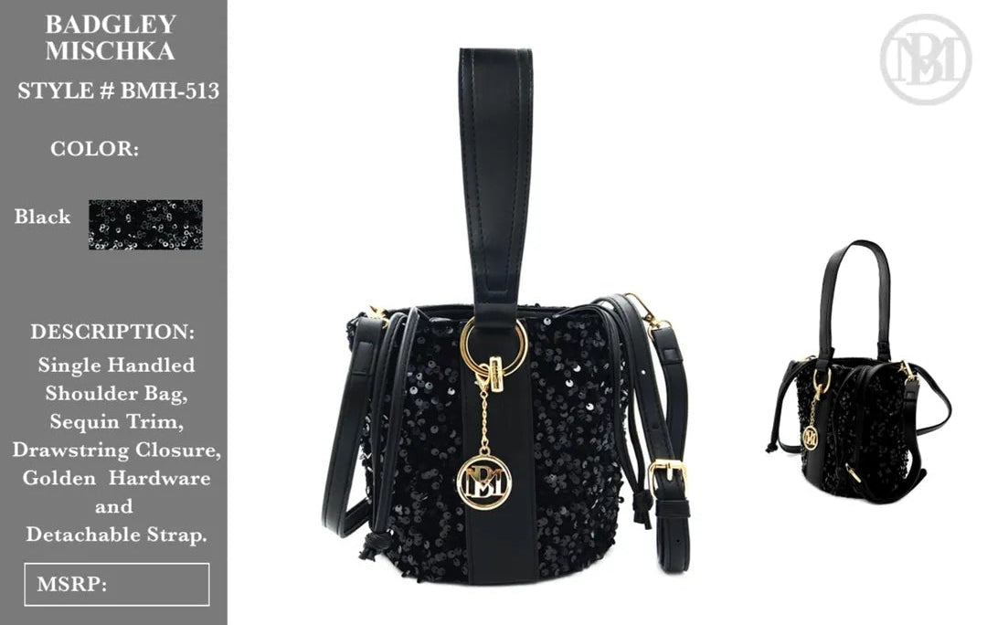 Badgley Mischka Black Sequin Vegan Leather Bucket Bag NWT