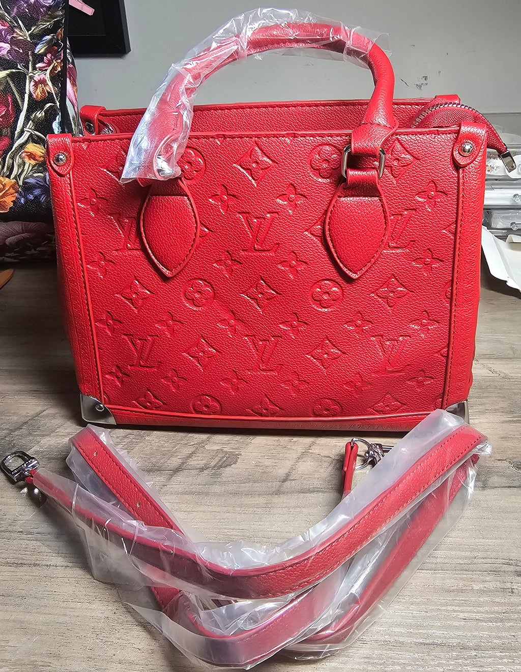 Fire Red monogram Convertible Crossbody Handbag w/ Silver Feet Accents