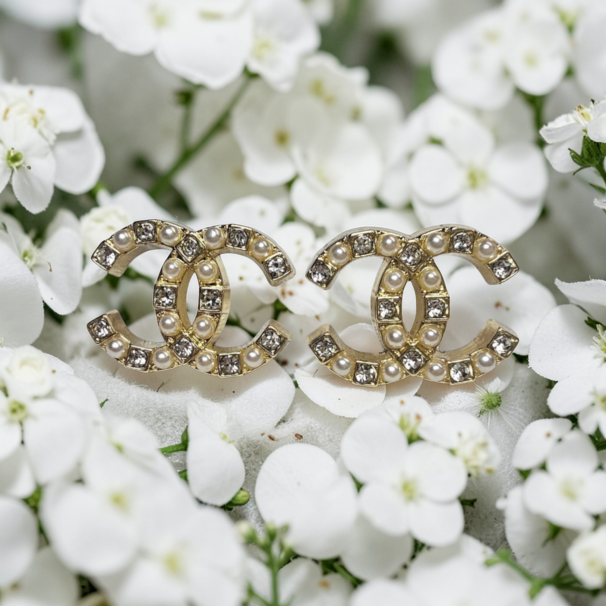 Chanel logo charm Gold Pearl and Gemstone Earrings