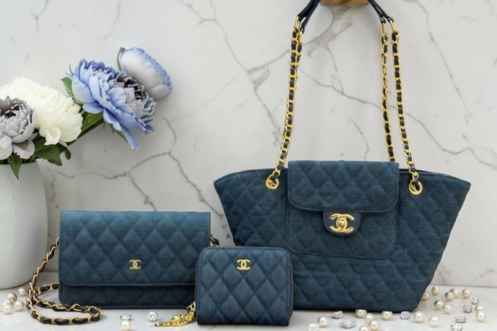 3 piece Quilted Denim Tote Bag, Wallet, and Single flap crossbody bag