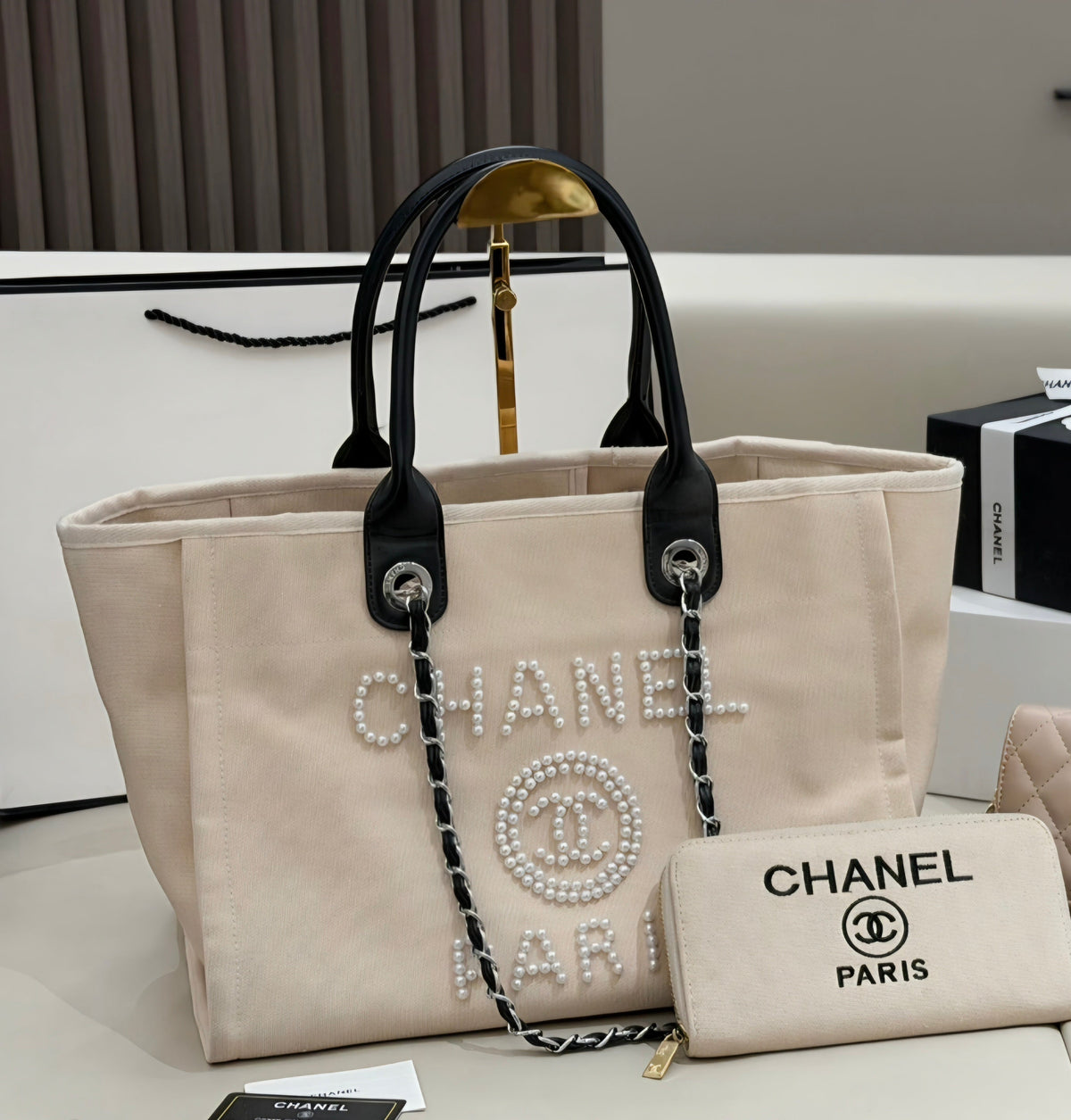 Cream and Black C Logo 2 piece Tote Bag set