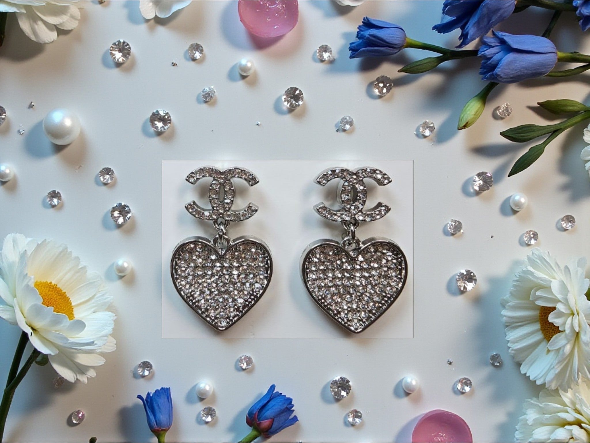 18K White Gold plated CC Logo Drop Hearts