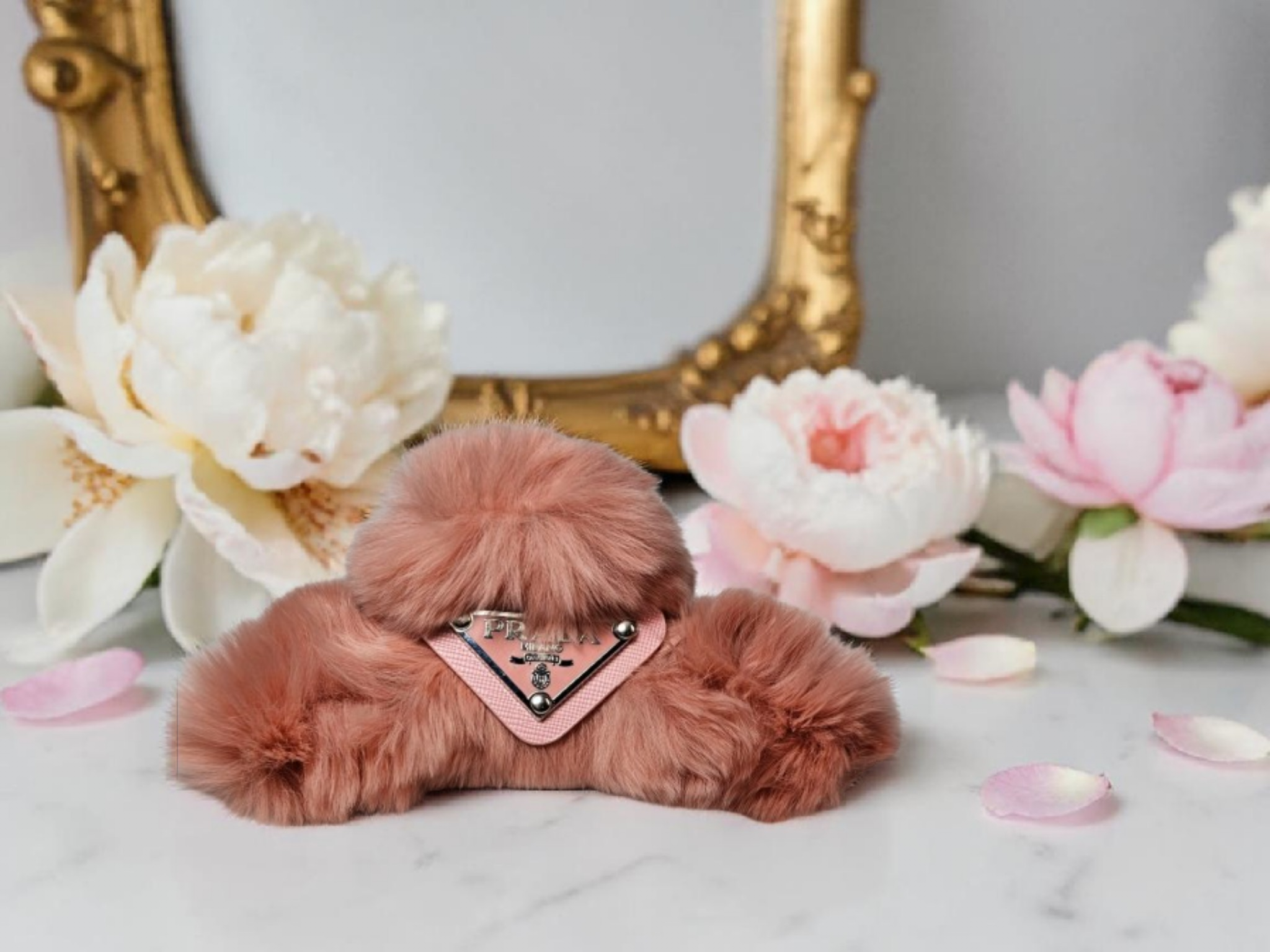 Logo Charm Pink Fur Hair Claw Clip Spring