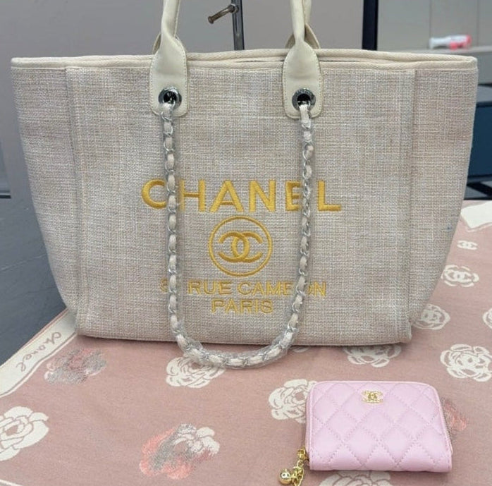 Pink and Cream C Logo 2 piece Tote Bag set