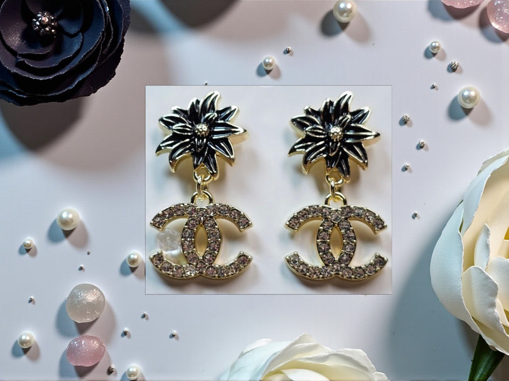 18K gold plated Floral CC logo Dangle Pierced Stud Earrings