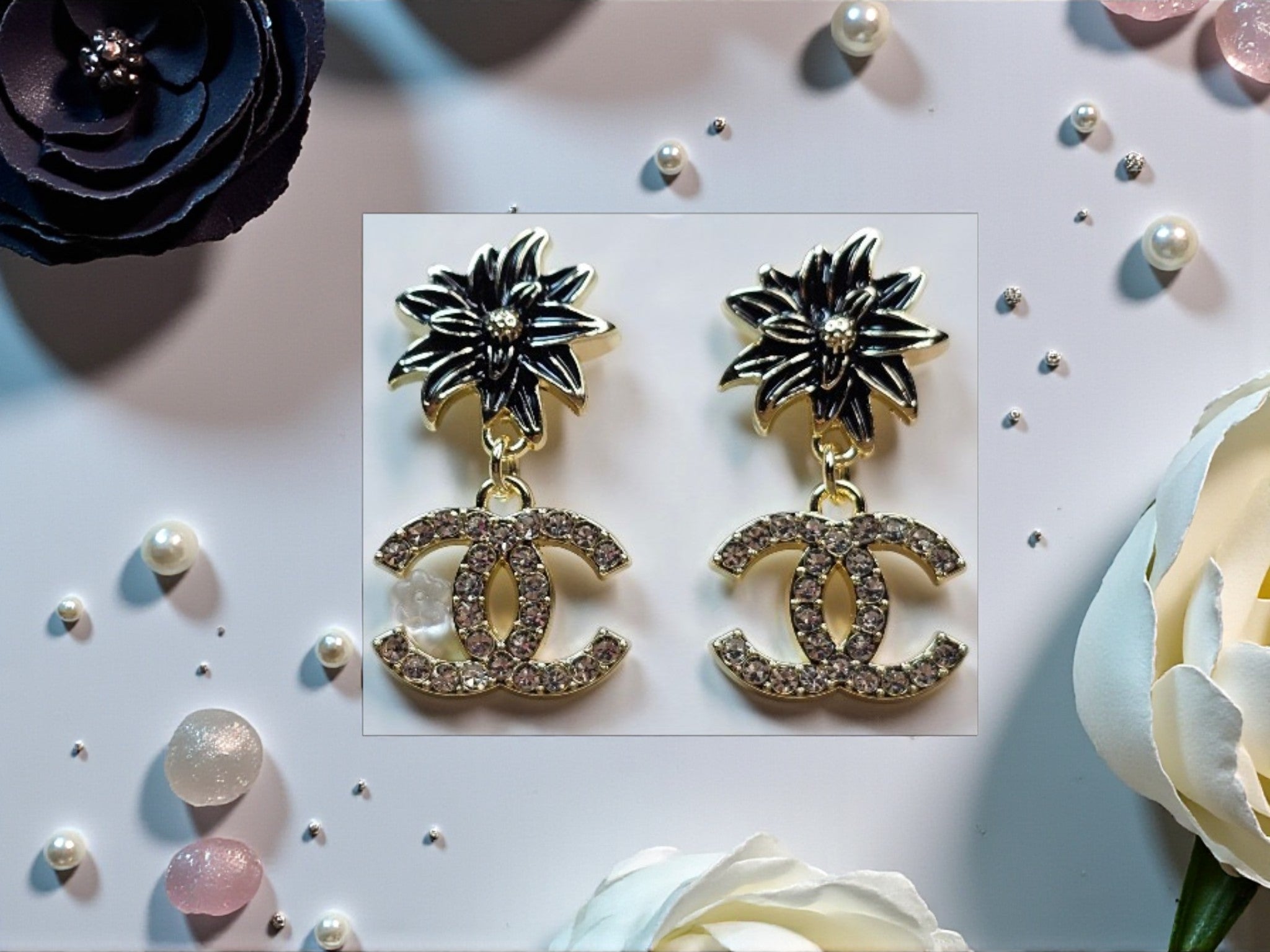 18K gold plated Floral CC logo Dangle Pierced Stud Earrings