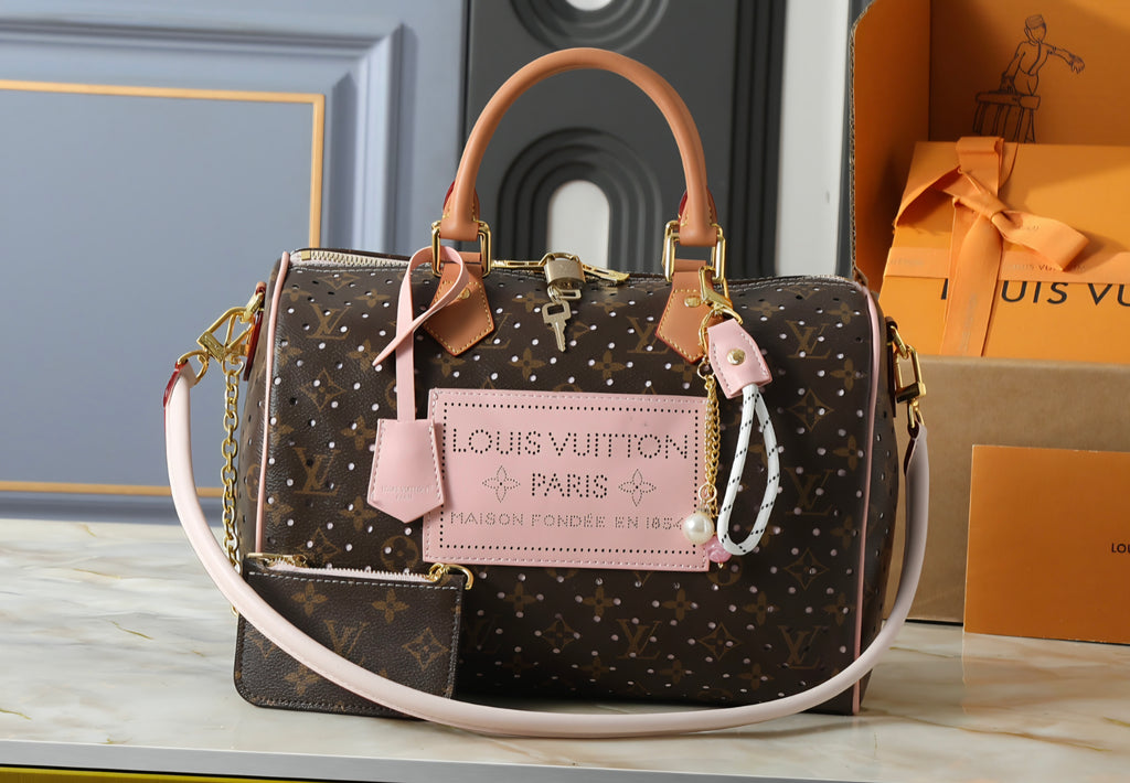 L Logo Brown Monogram Perforated Barrel Bag w/Pink