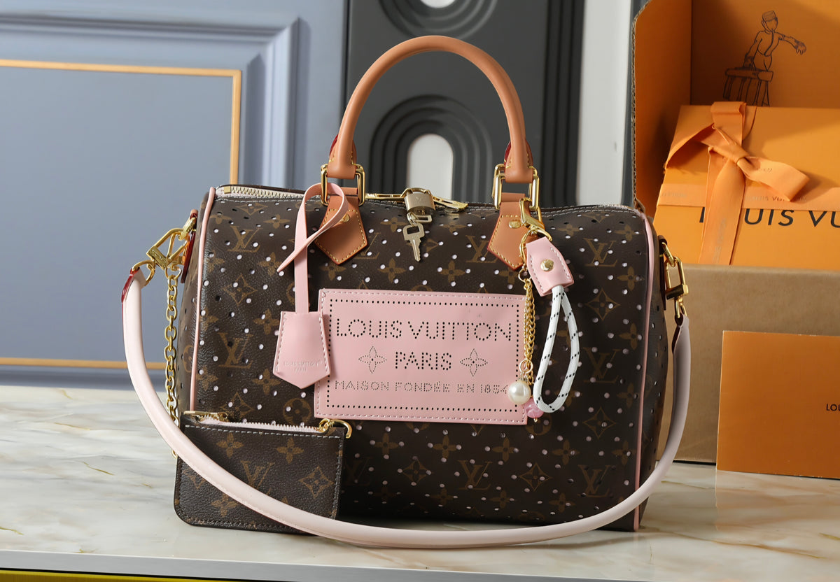 L Logo Brown Monogram Perforated Barrel Bag w/Pink