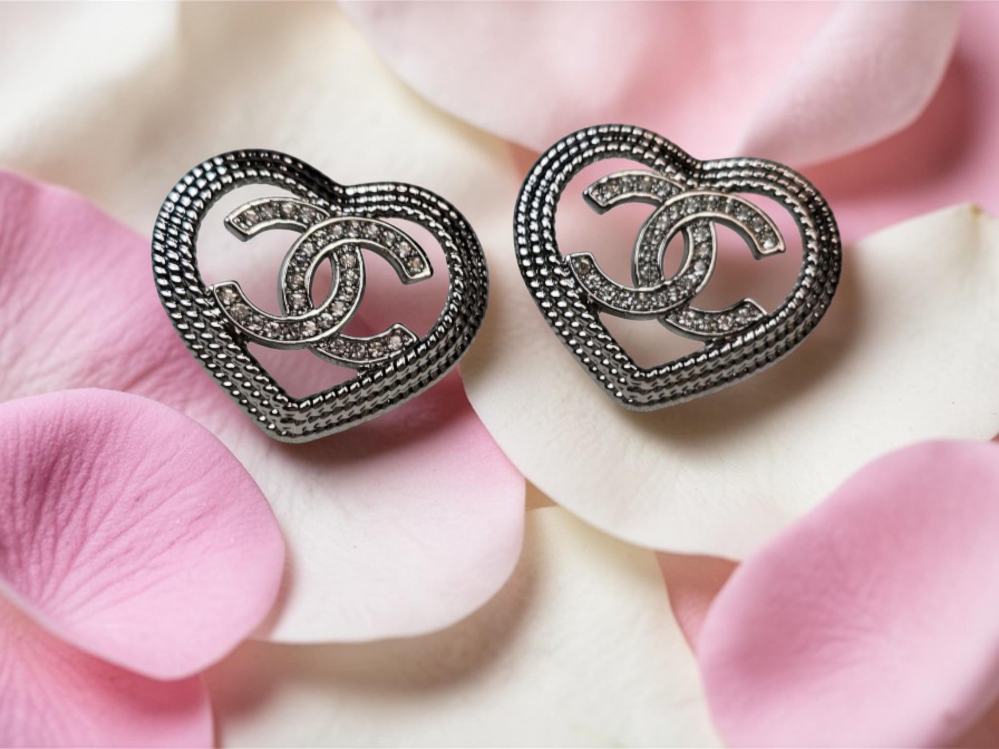 Chanel logo charm Silver Heart Stud Earrings Pierced Ears