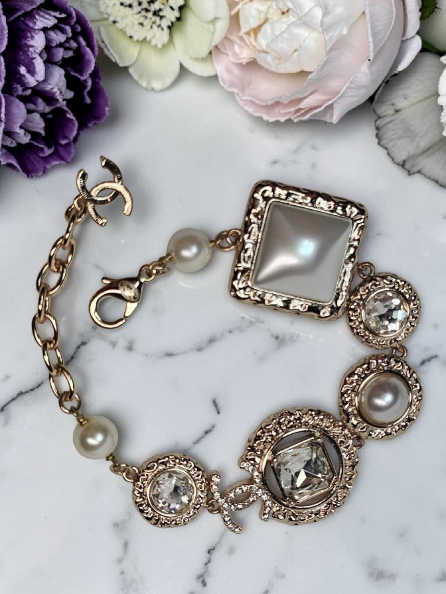 Gold CC Logo Statement Bracelet with charm
