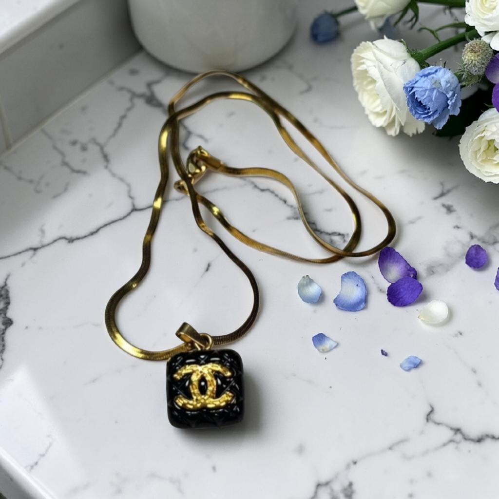 CC Logo Charm Pendant Necklace Black Enamel Square