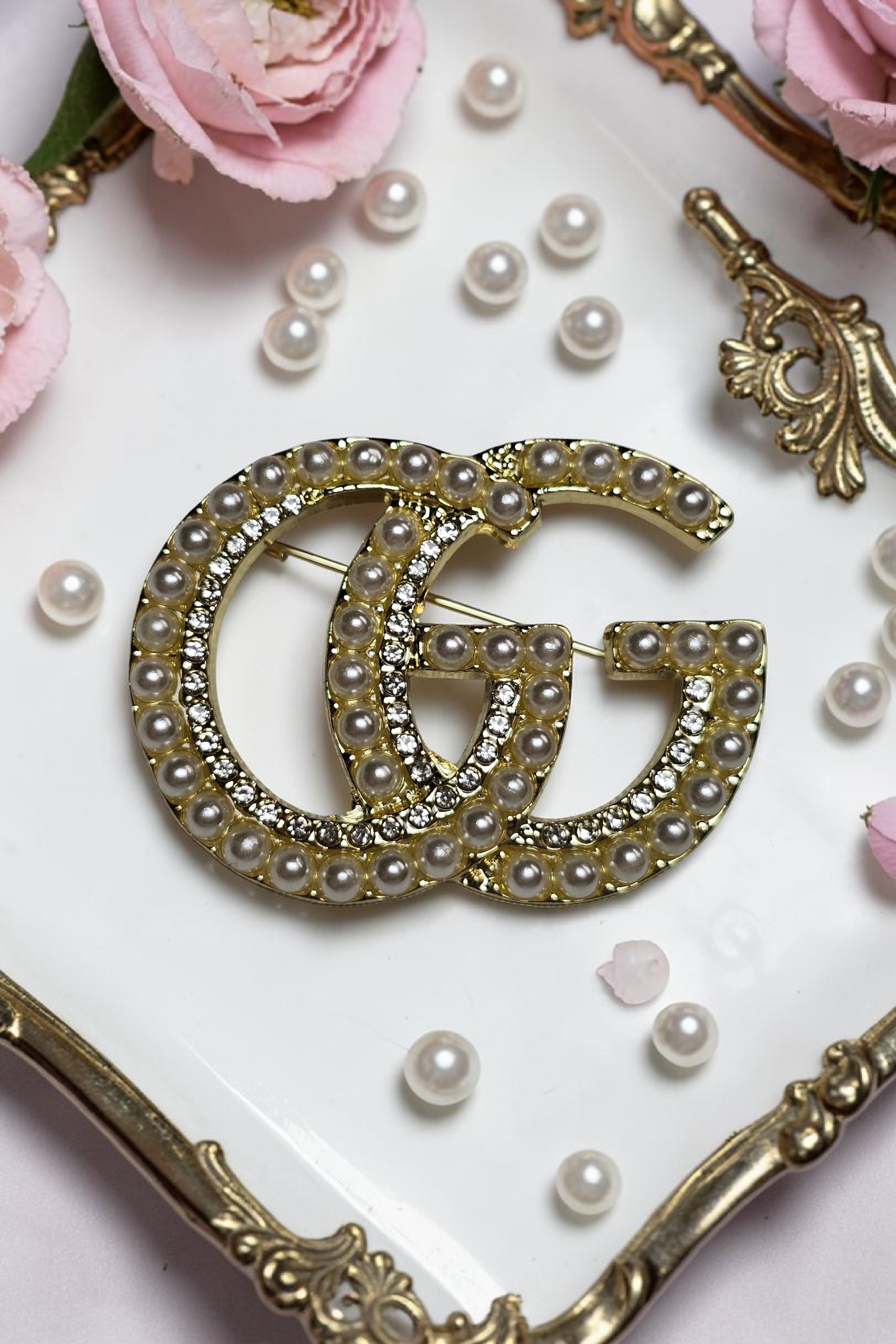 Gold GG Charm Pearlescent Pin Brooch