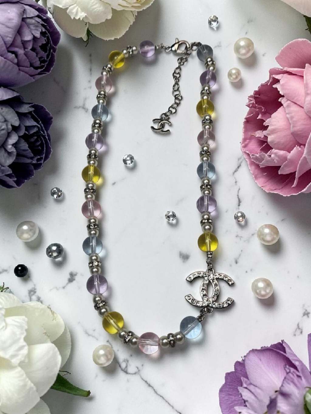 CC Logo Double Charm Multicolor Glass Bead Necklace