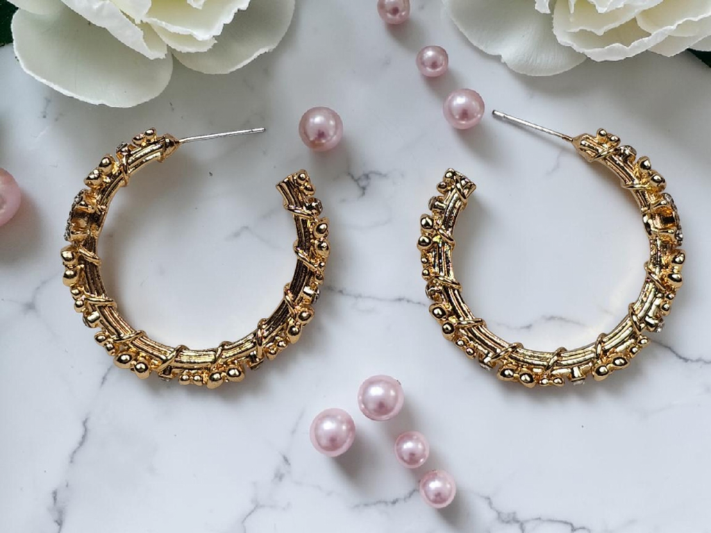 CC Camellia logo Gold and Gemstone Statement Hoops