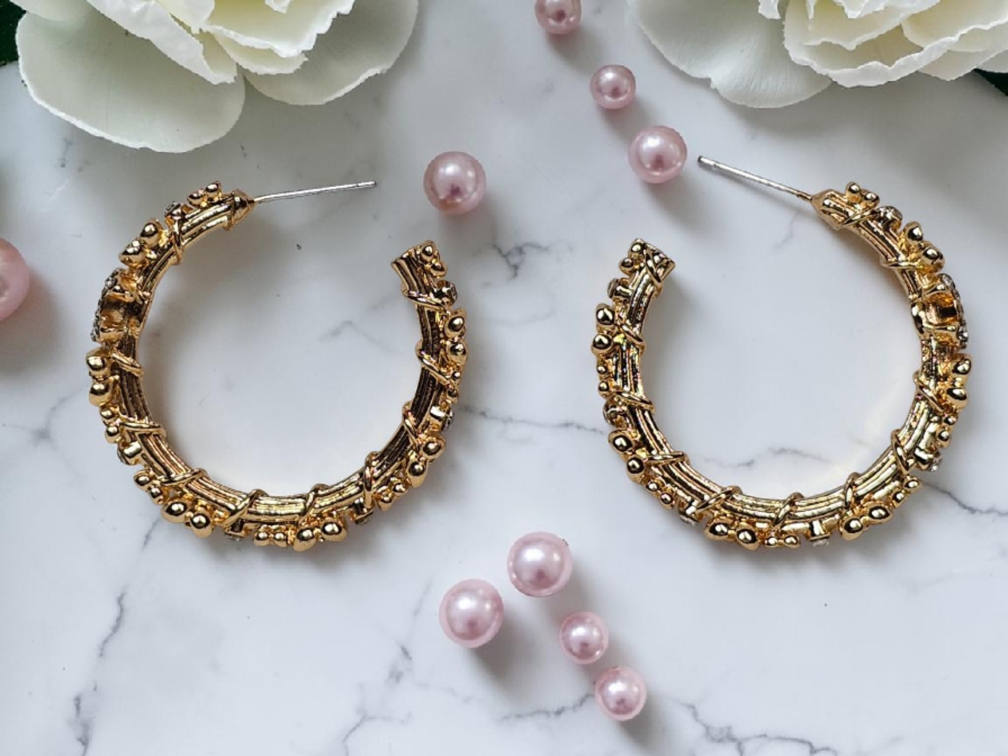 CC Camellia logo Gold and Gemstone Statement Hoops