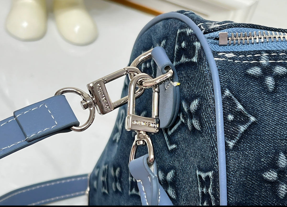L Logo Deep Blue Denim Barrel Bag
