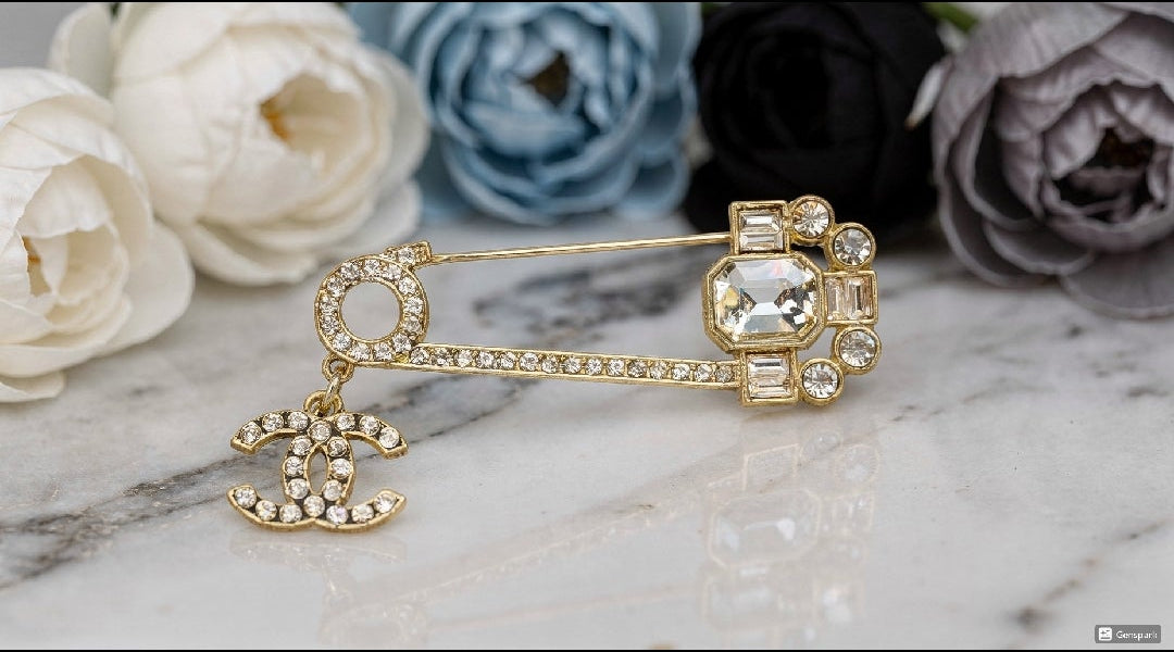 Gold Charm Safety Pin Brooch