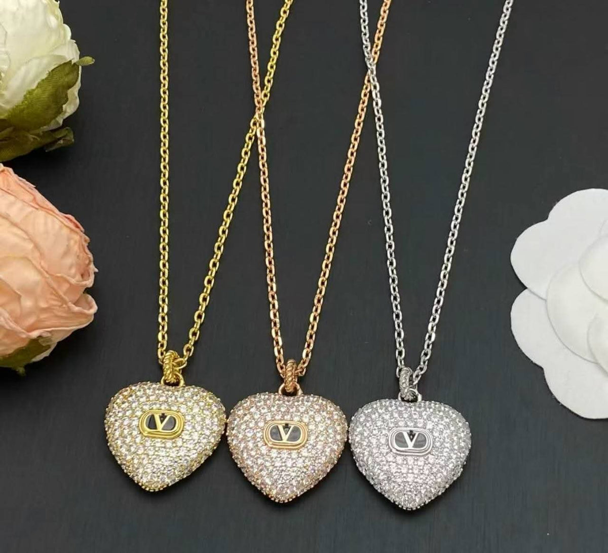 Puffed Heart V Logo Pendant Chain Necklace