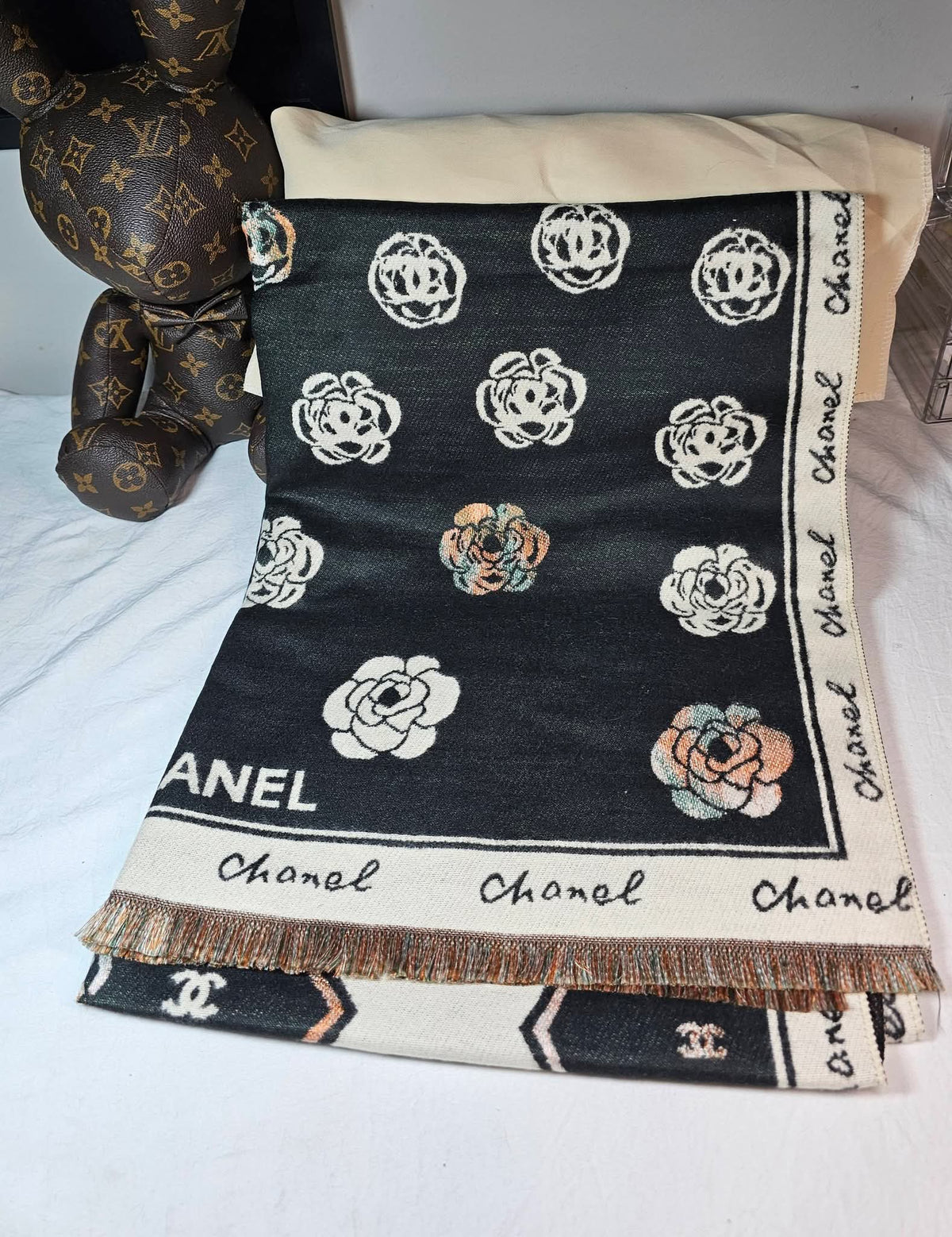 C Logo Large Shawl/ Scarf Black, Brown, and White Camellia