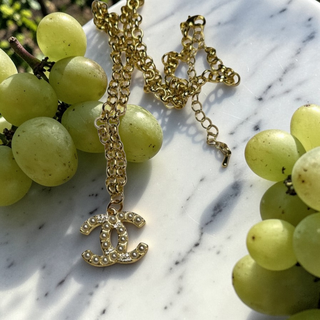 Chanel gold logo charm pendant chain necklace