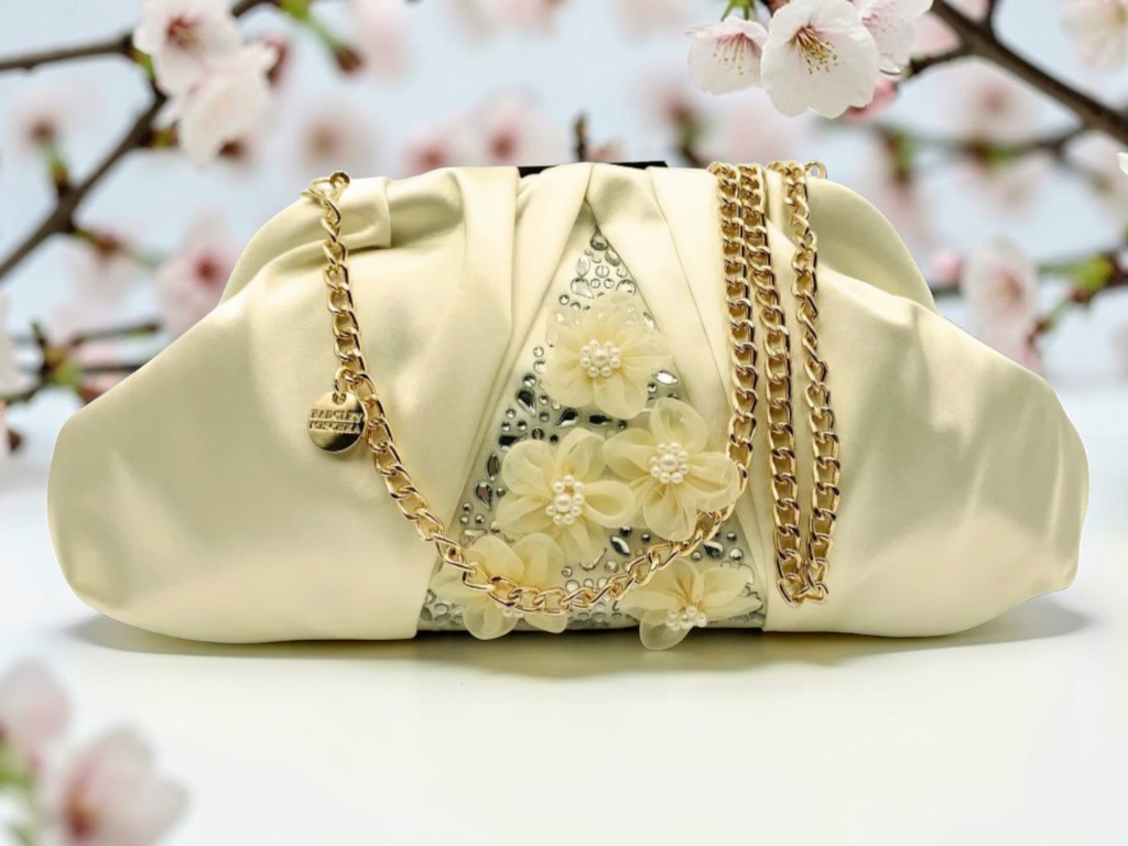 Badgley Mischka White Satin Floral Embellished Clutch Crossbody NWT