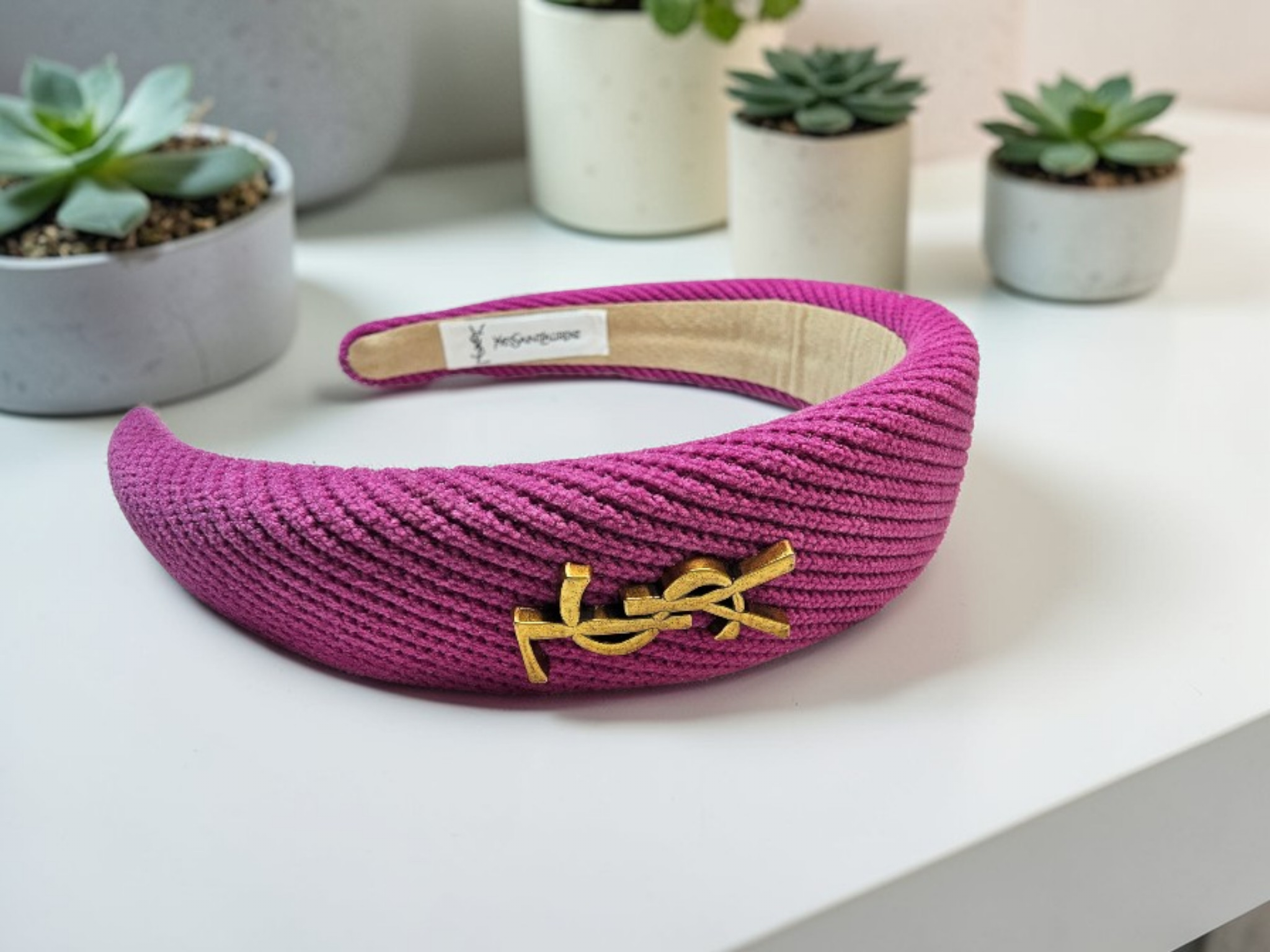 Yves St Laurent Gold logo Pink Textured Headband
