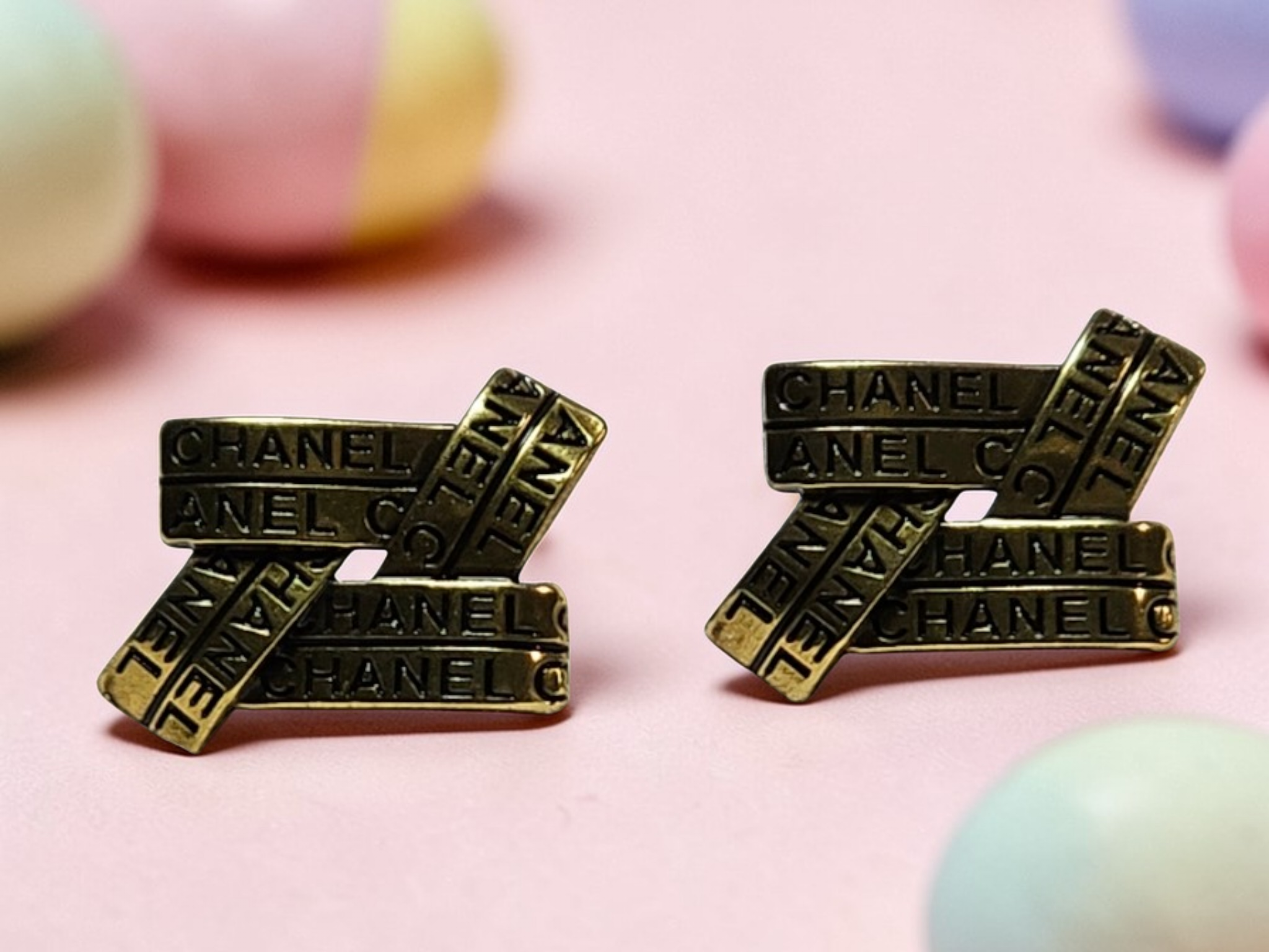 Chanel Antique Gold Charm Crossbar Pierced Earrings