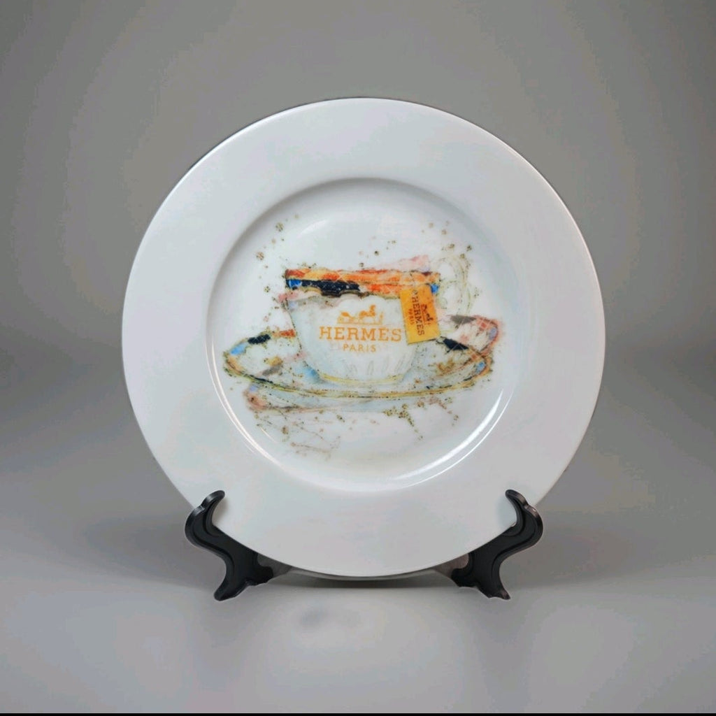 Custom Hermès Inspired Hand-Painted Plate with display stand